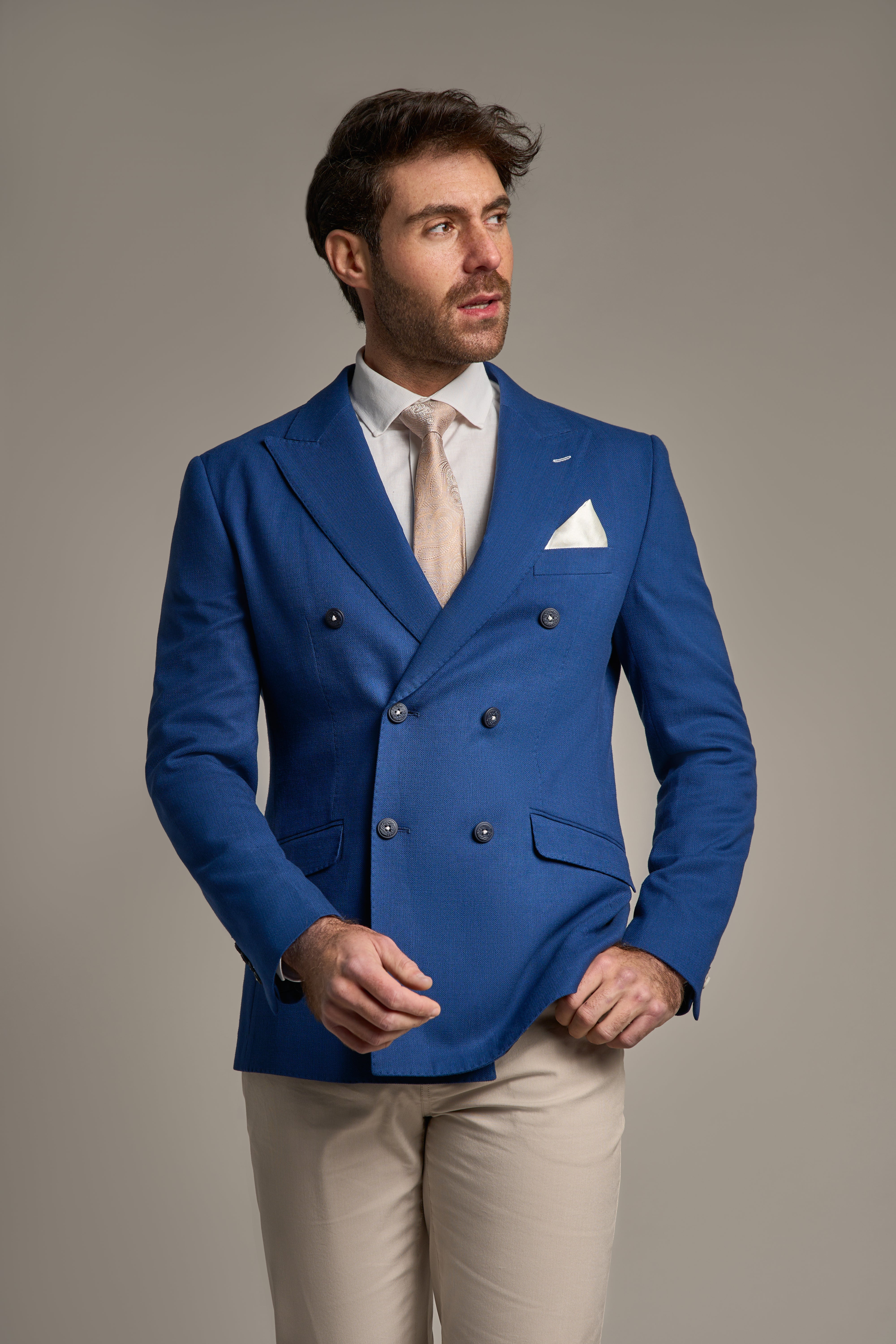 Men’s Self-Pattern Double-Breasted Blazer – ROMEO - Blue Model Picture