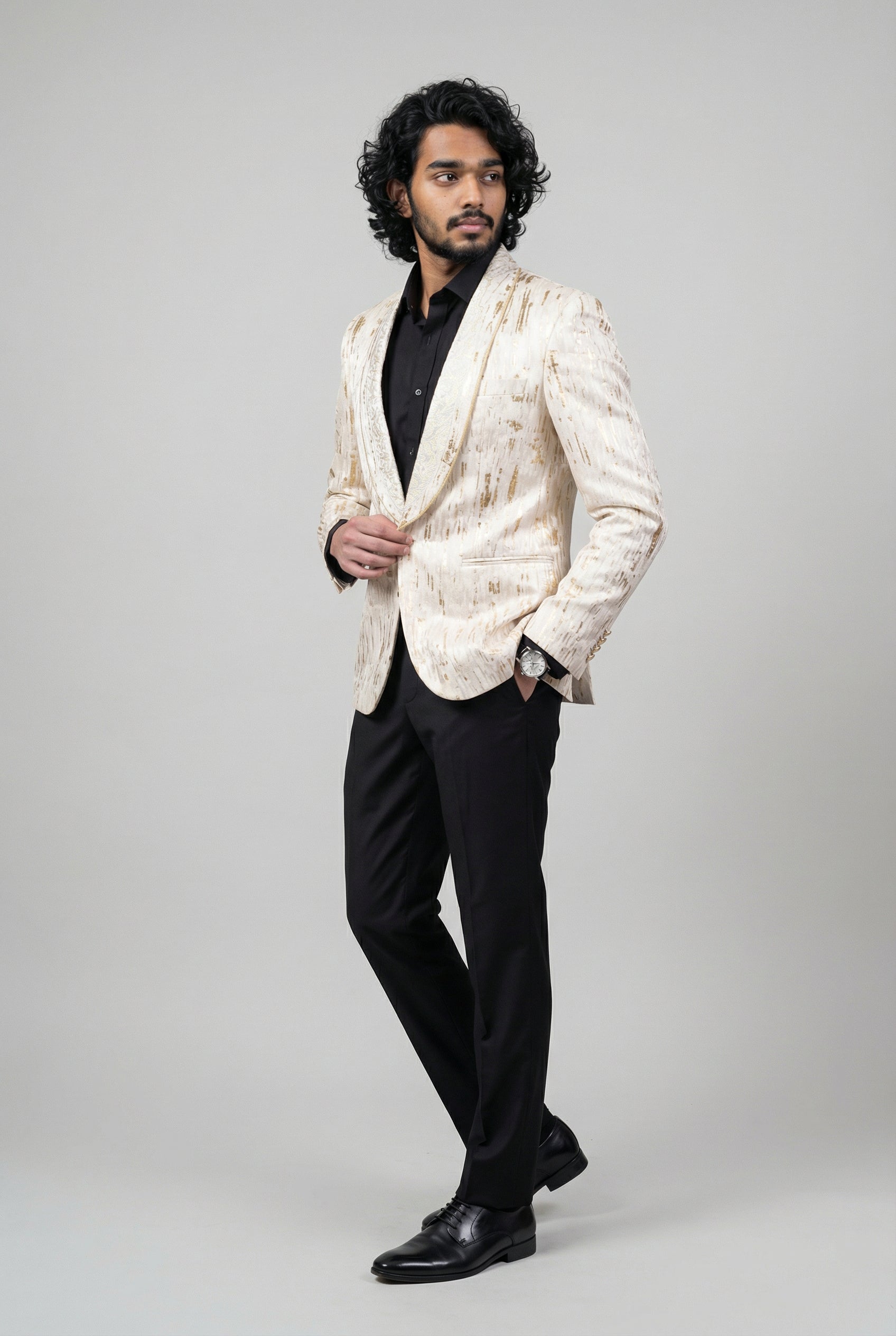 Men’s Slim Fit Cream & Gold Blazer - LEO Side Picture