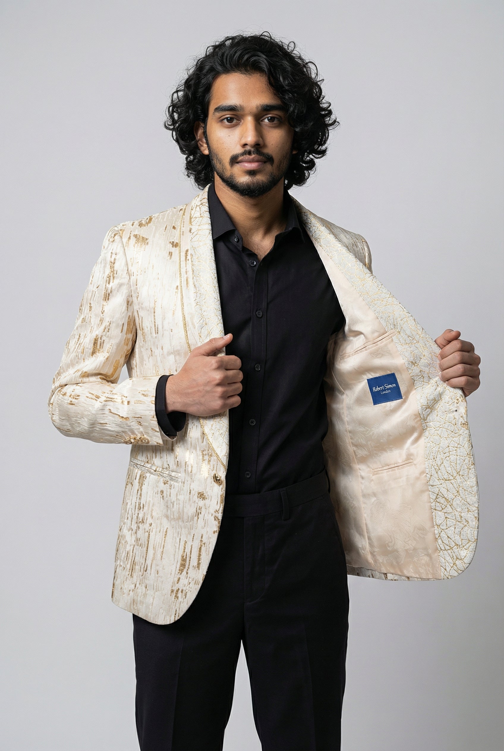 Men’s Slim Fit Cream & Gold Blazer - LEO Linning Picture