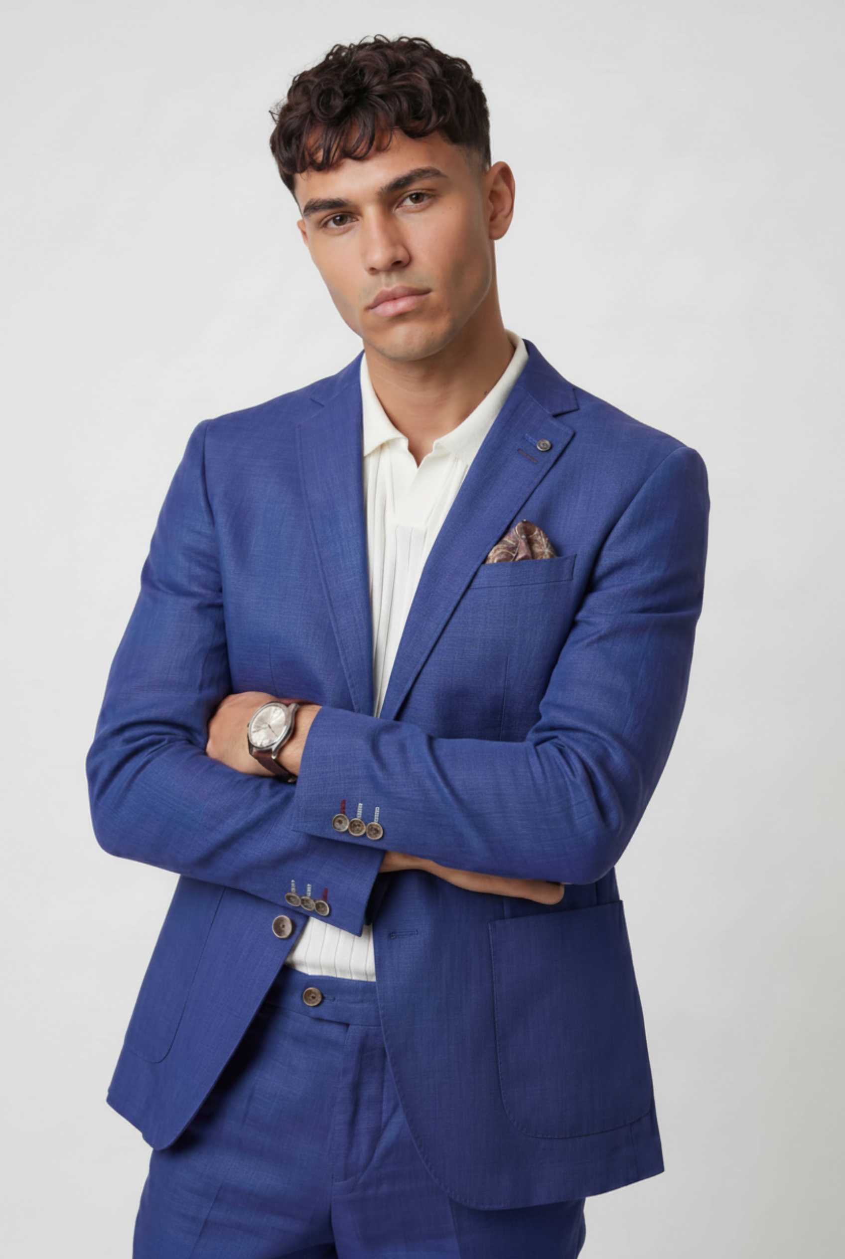 Men's Slim Fit Linen 2 Piece Suit Set - Navy Blue