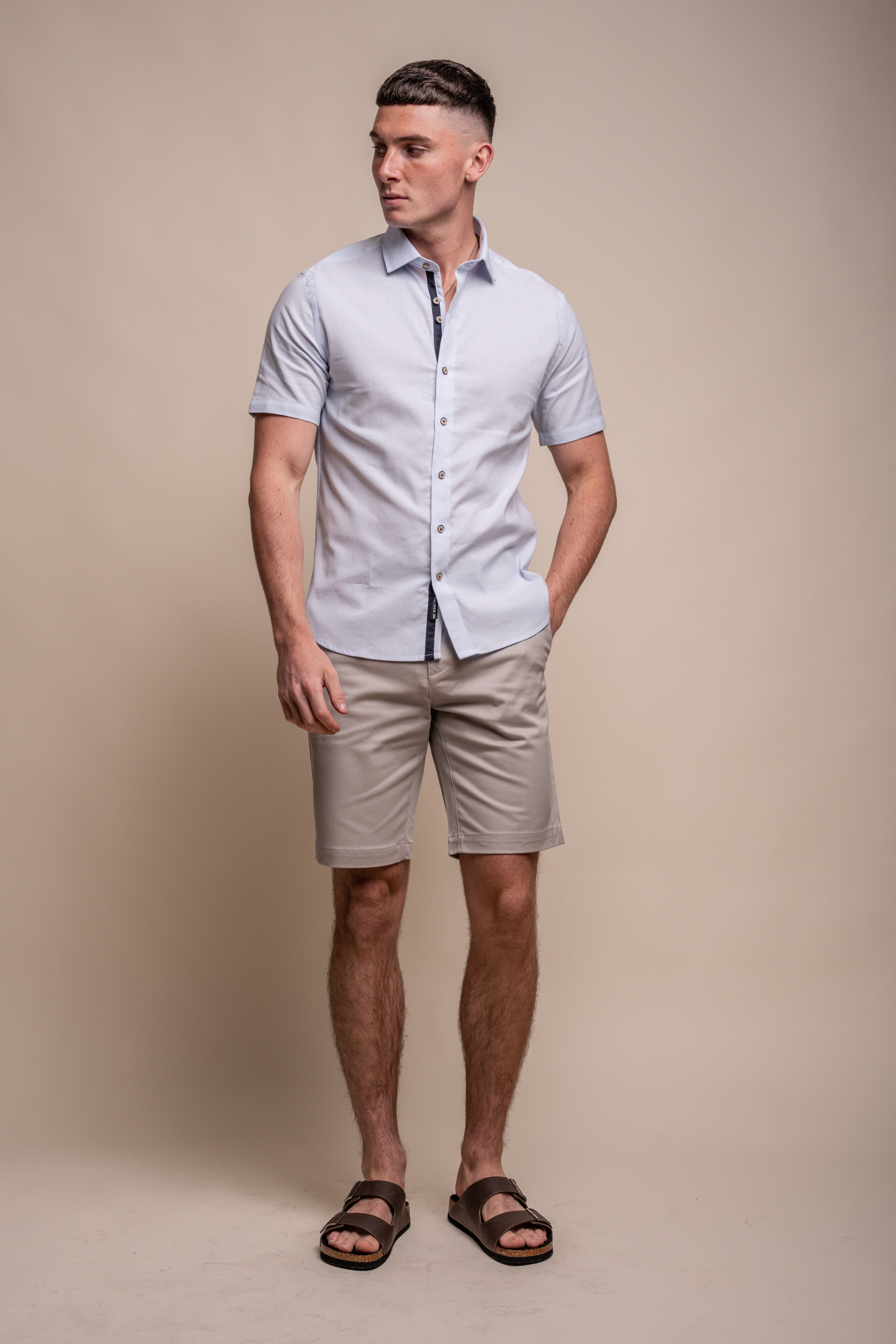 Men's Slim Fit Linen Blend Short Sleeve Shirt - FUEGO - Sky Blue Model Front Picture