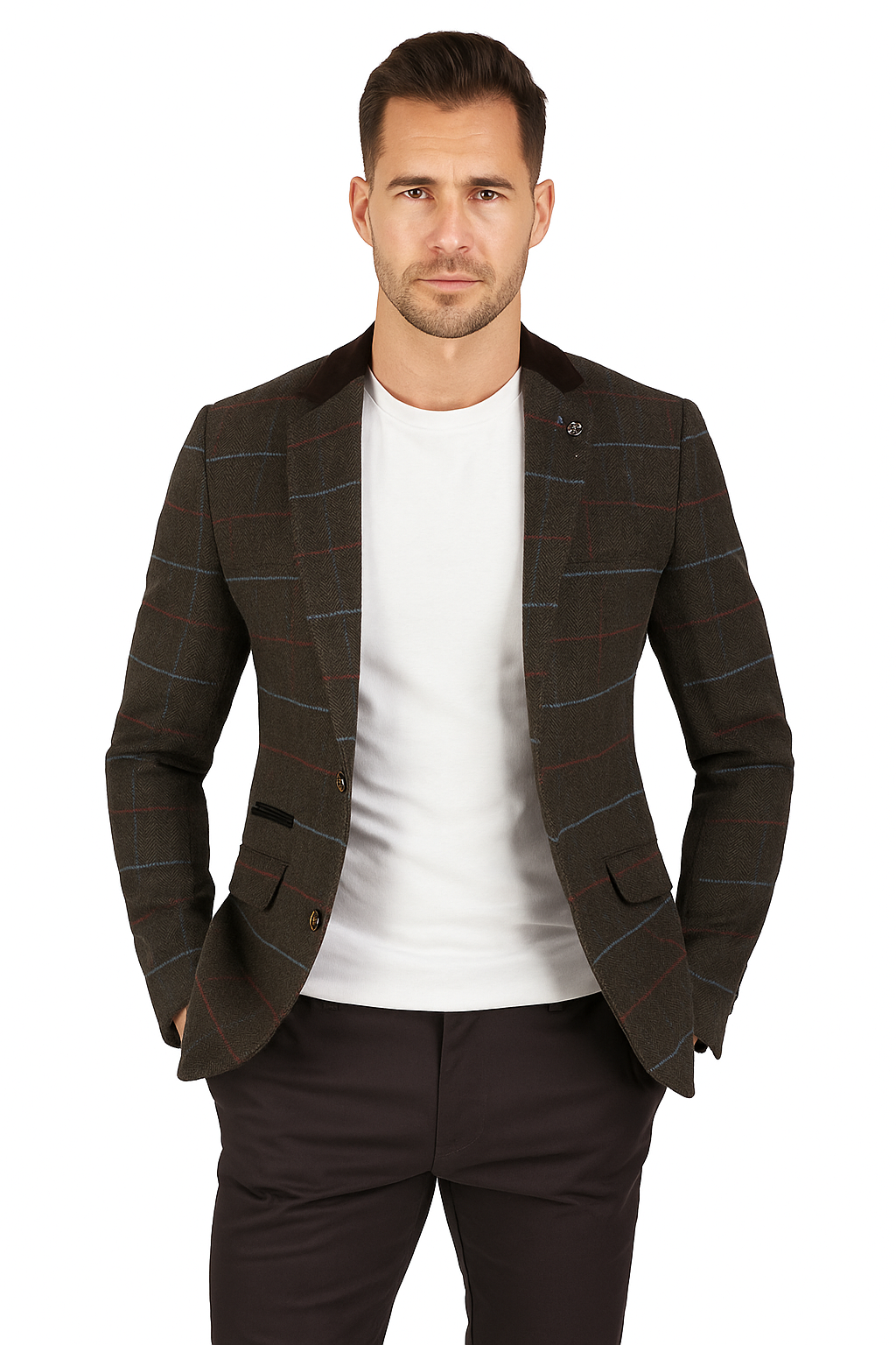 Men's Slim Fit Tweed Herringbone Check Blazer –Tommy Brown