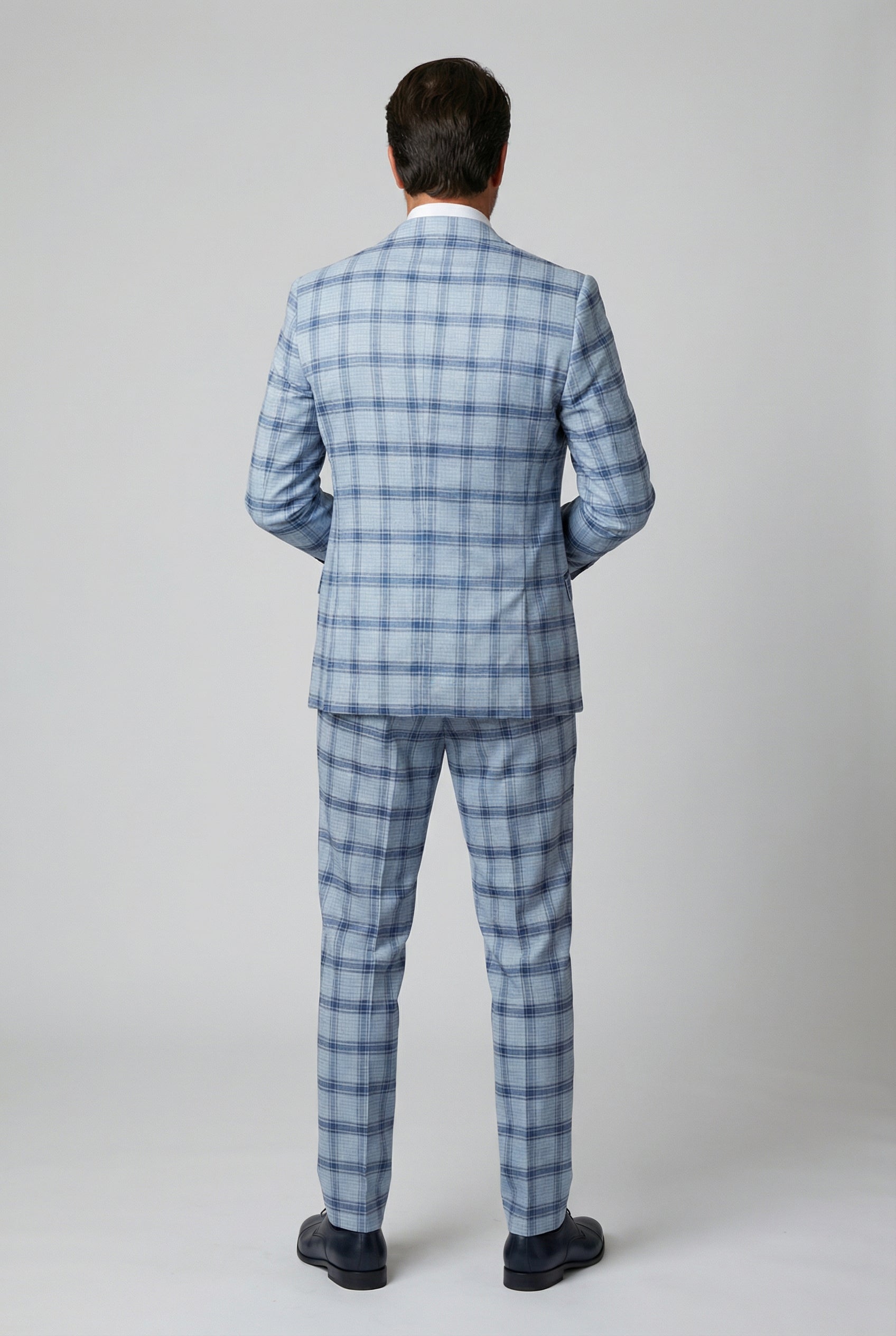 Men's Slim Fit Windowpane Check Blue Suit - BLAKE - Pale Blue