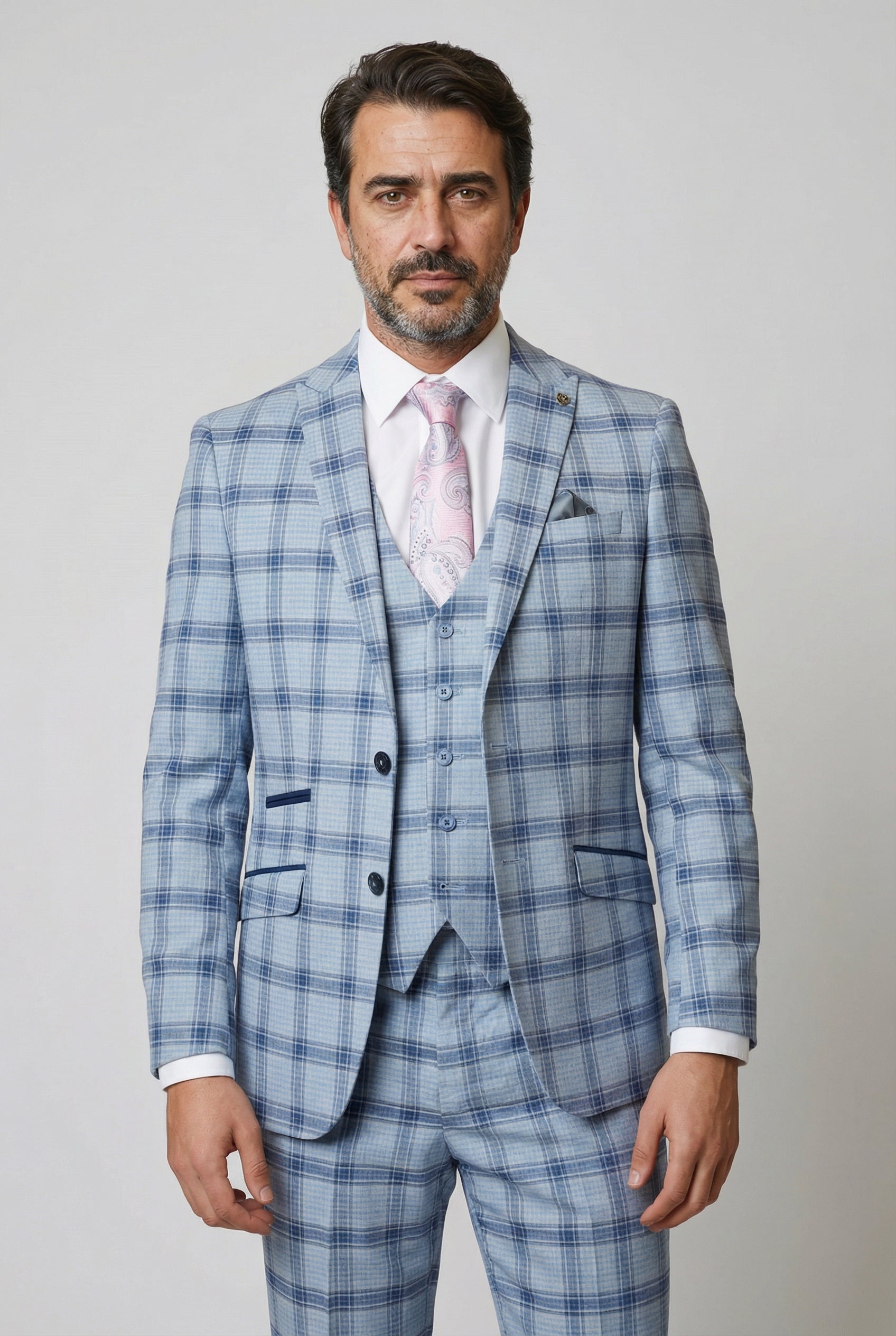 Men's Slim Fit Windowpane Check Blue Suit - BLAKE - Pale Blue