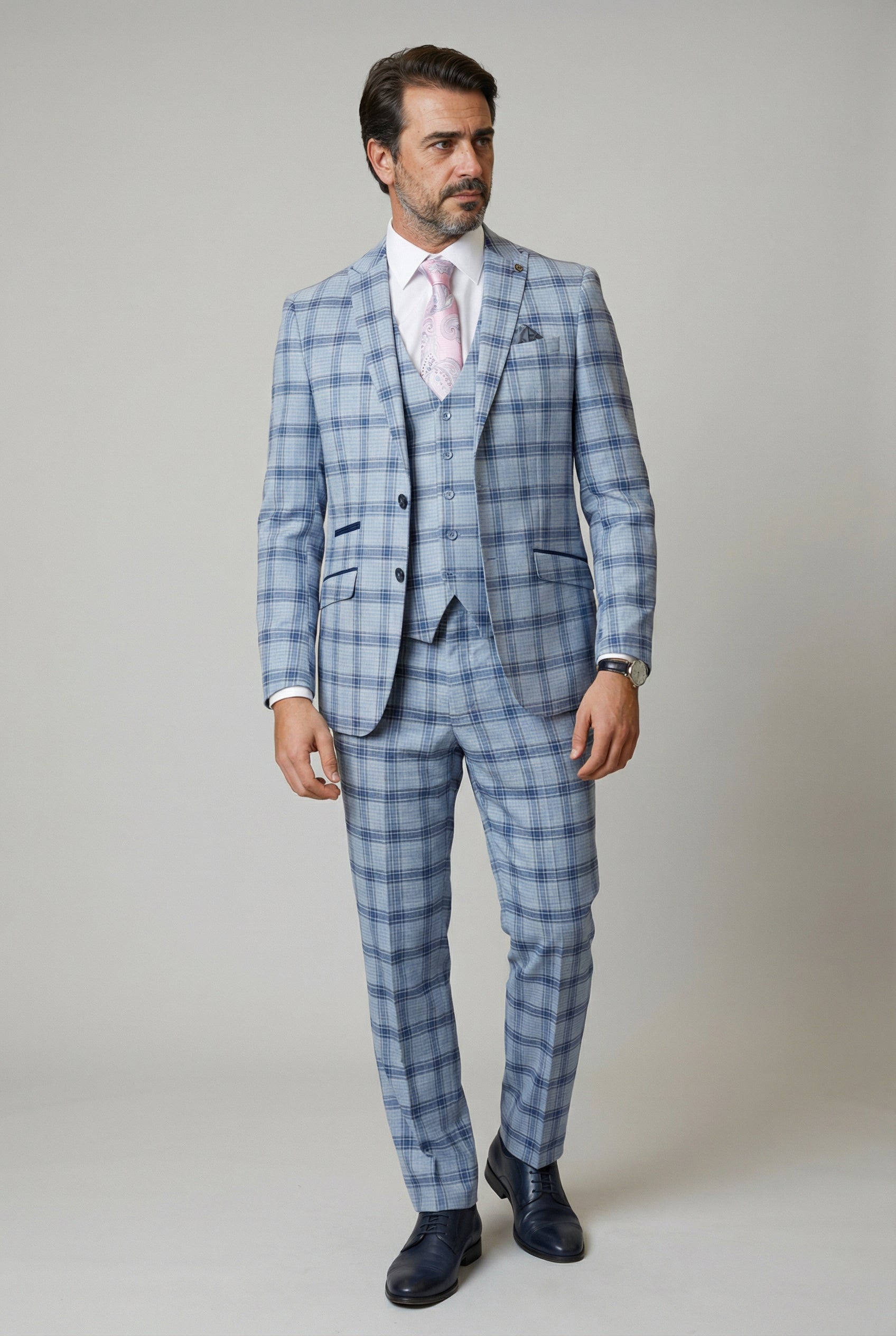 Men's Slim Fit Windowpane Check Blue Suit - BLAKE - Pale Blue