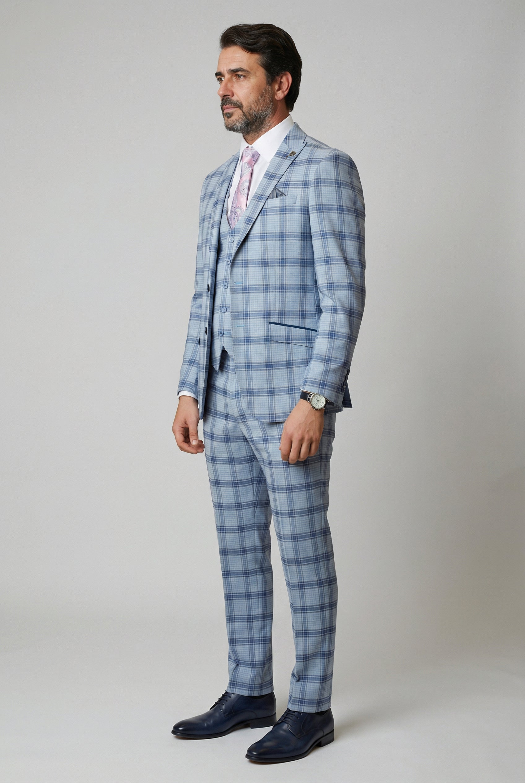 Men's Slim Fit Windowpane Check Blue Suit - BLAKE - Pale Blue