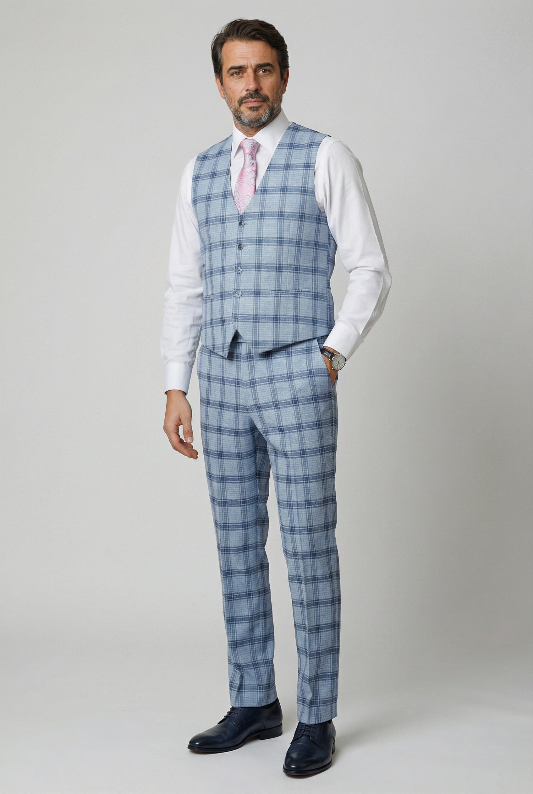 Men's Slim Fit Windowpane Check Blue Suit - BLAKE - Pale Blue