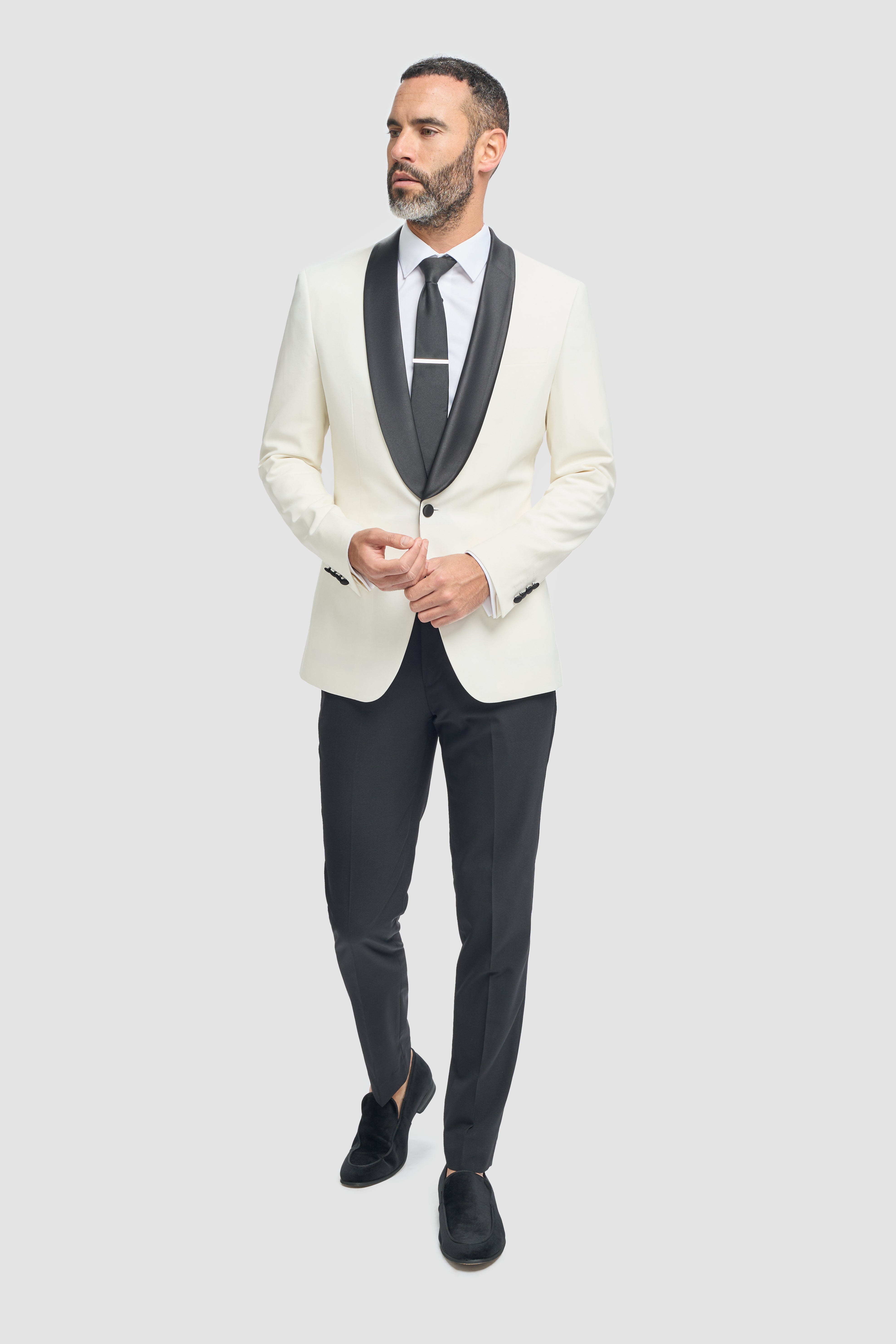 Men's Slim Fit Wool Blend Tuxedo Dinner Suit - ASPEN - Ivory Model Front Picture