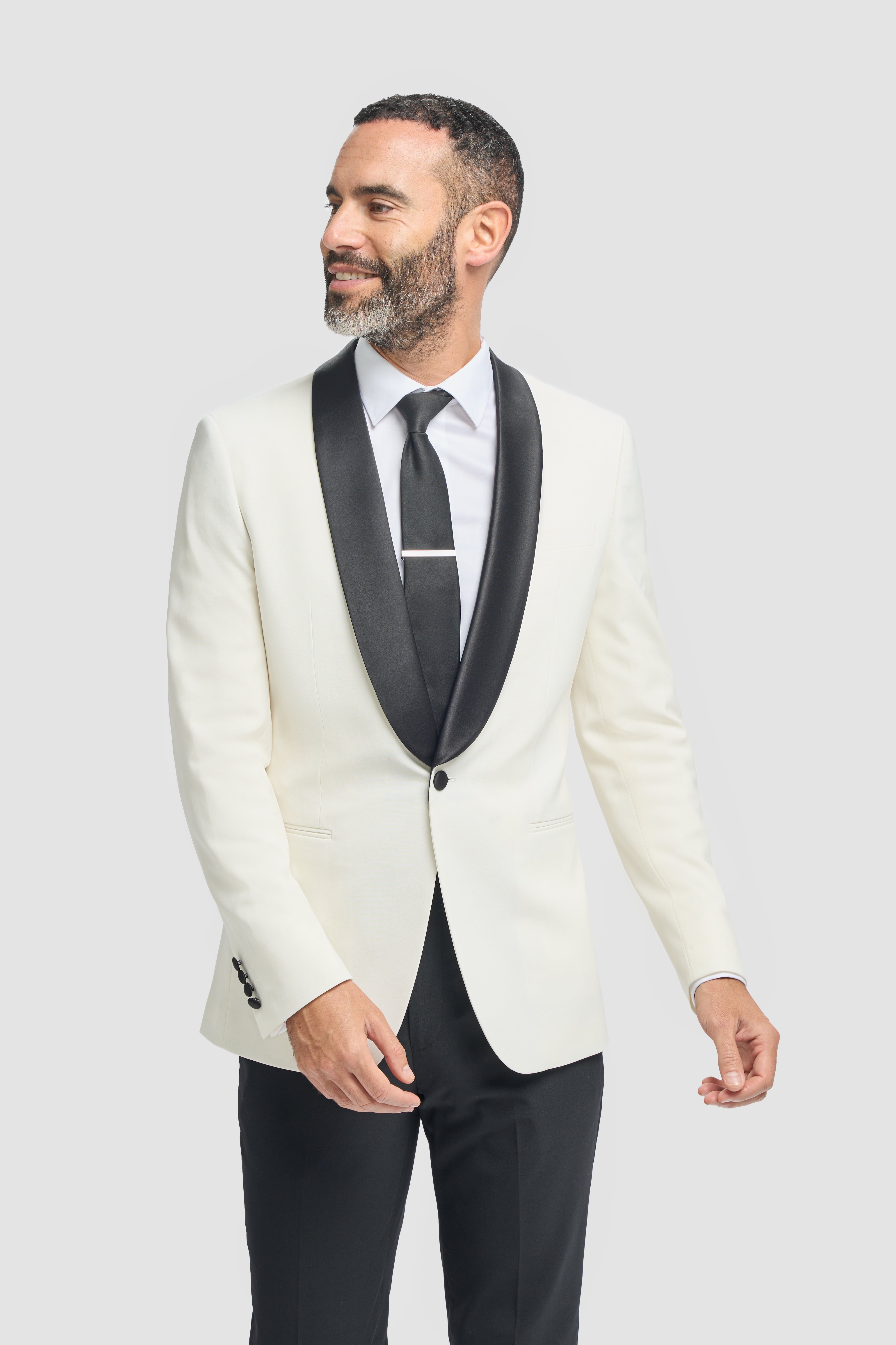 Men's Slim Fit Wool Blend Tuxedo Suit Jacket - ASPEN - Ivory Model Picture