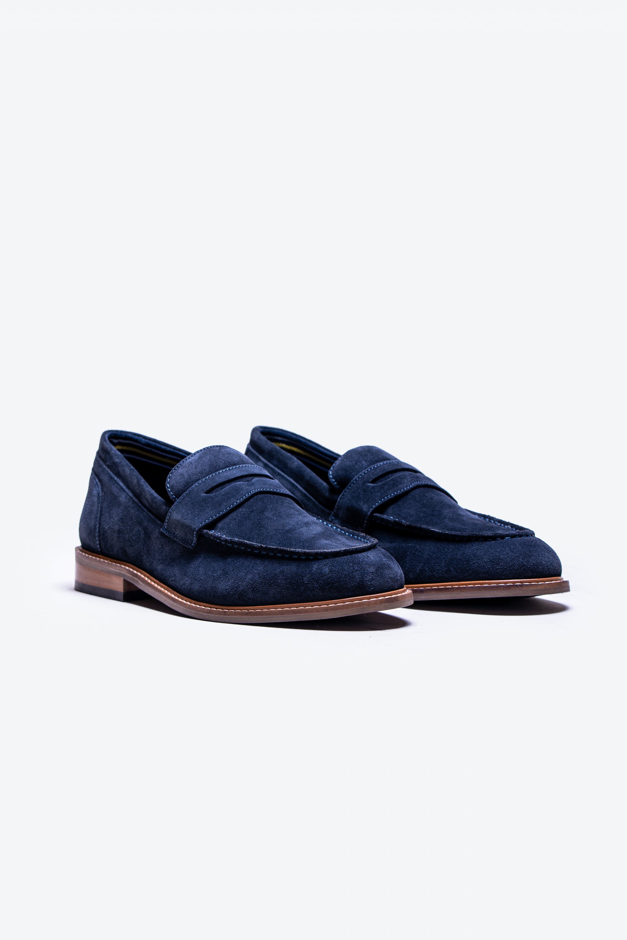 Men's Stacked Heel Suede Penny Loafer - JORDAN - Navy Blue Pair Side Picture