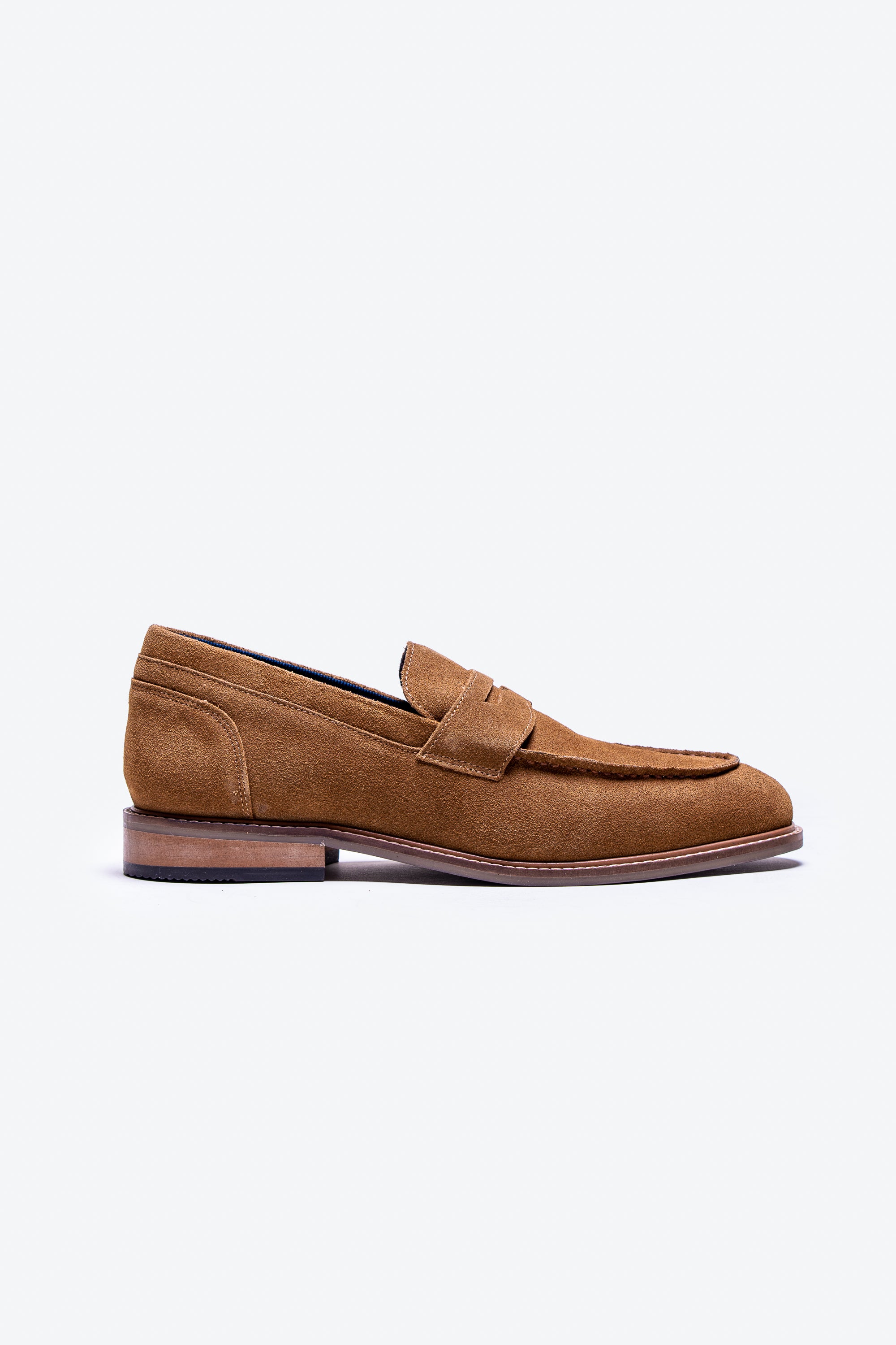 Men's Stacked Heel Suede Penny Loafer - JORDAN - Tan Brown Side Picture