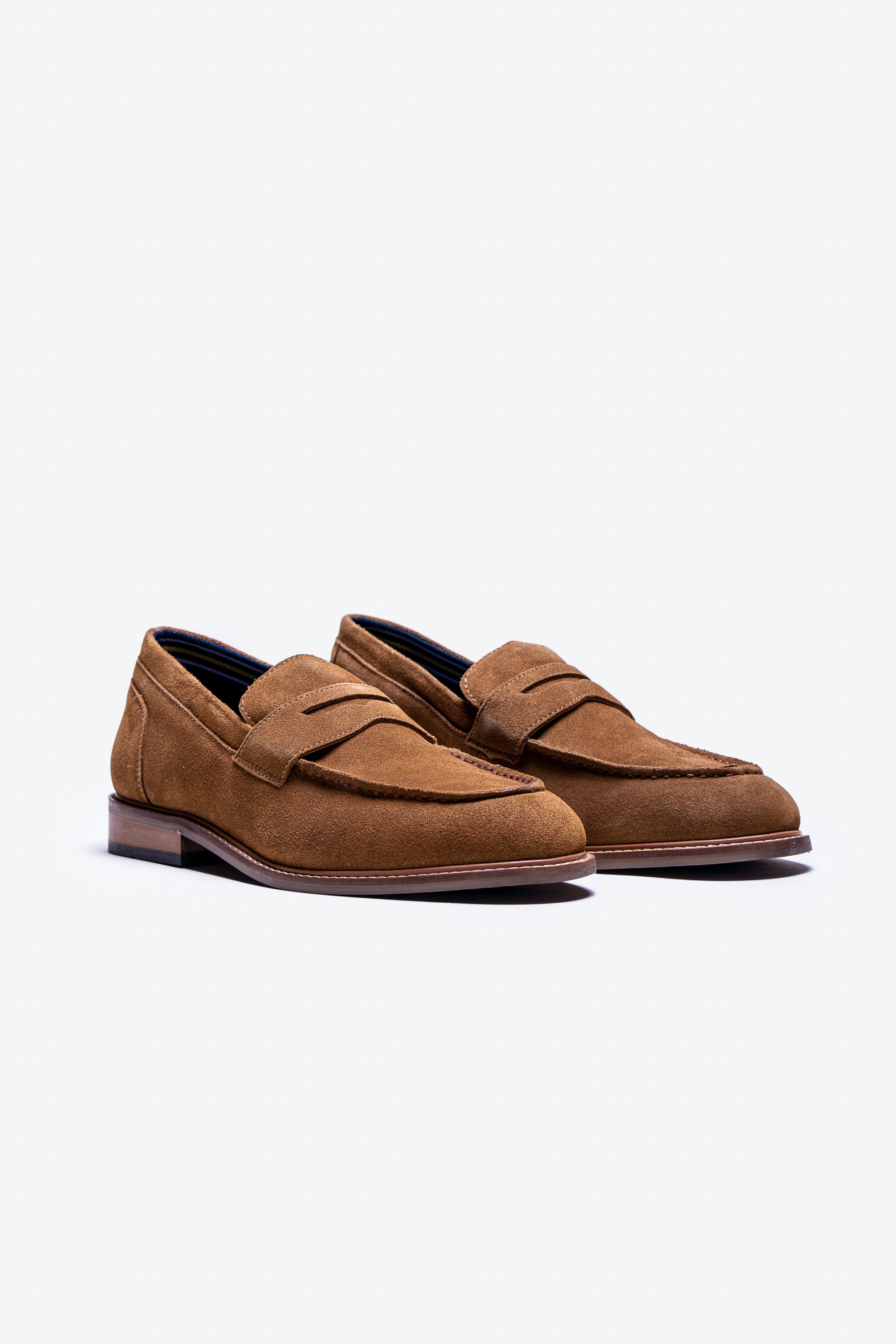 Men's Stacked Heel Suede Penny Loafer - JORDAN - Tan Brown Pair Side Picture