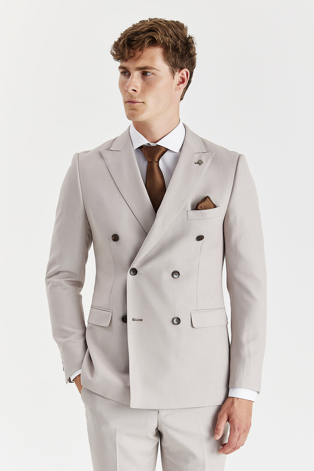 Men’s Tailored Fit Double Breasted Suit Jacket - MAYFAIR - Stone Beige Modle Picture
