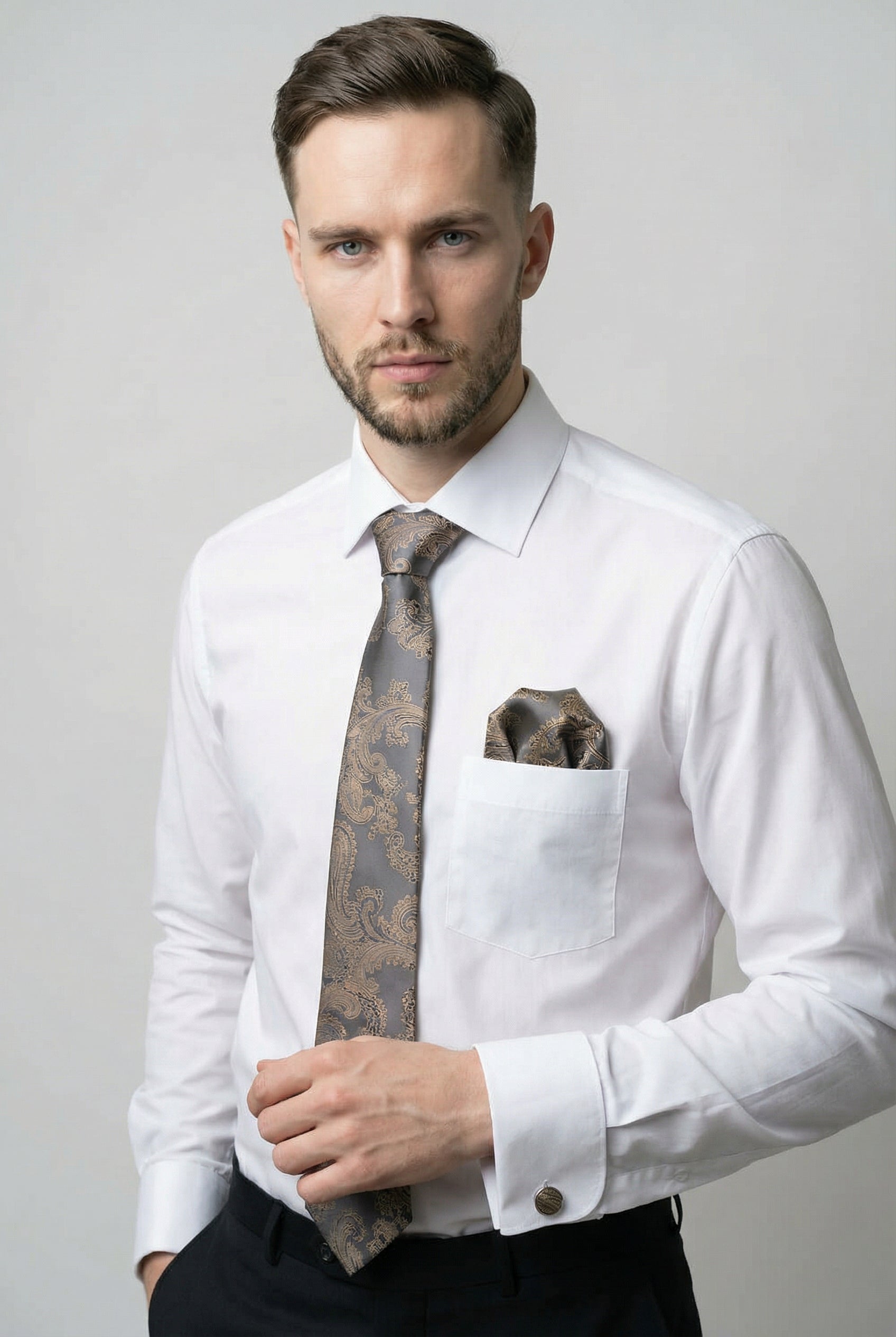 Men’s Tan Paisley Tie & Hanky with Cufflink Set - Liam
