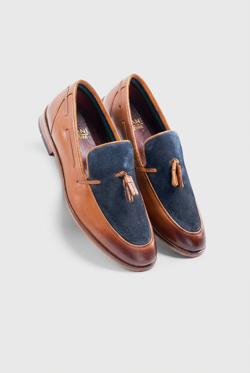 Men’s Tan & Navy Leather Tassel Loafers