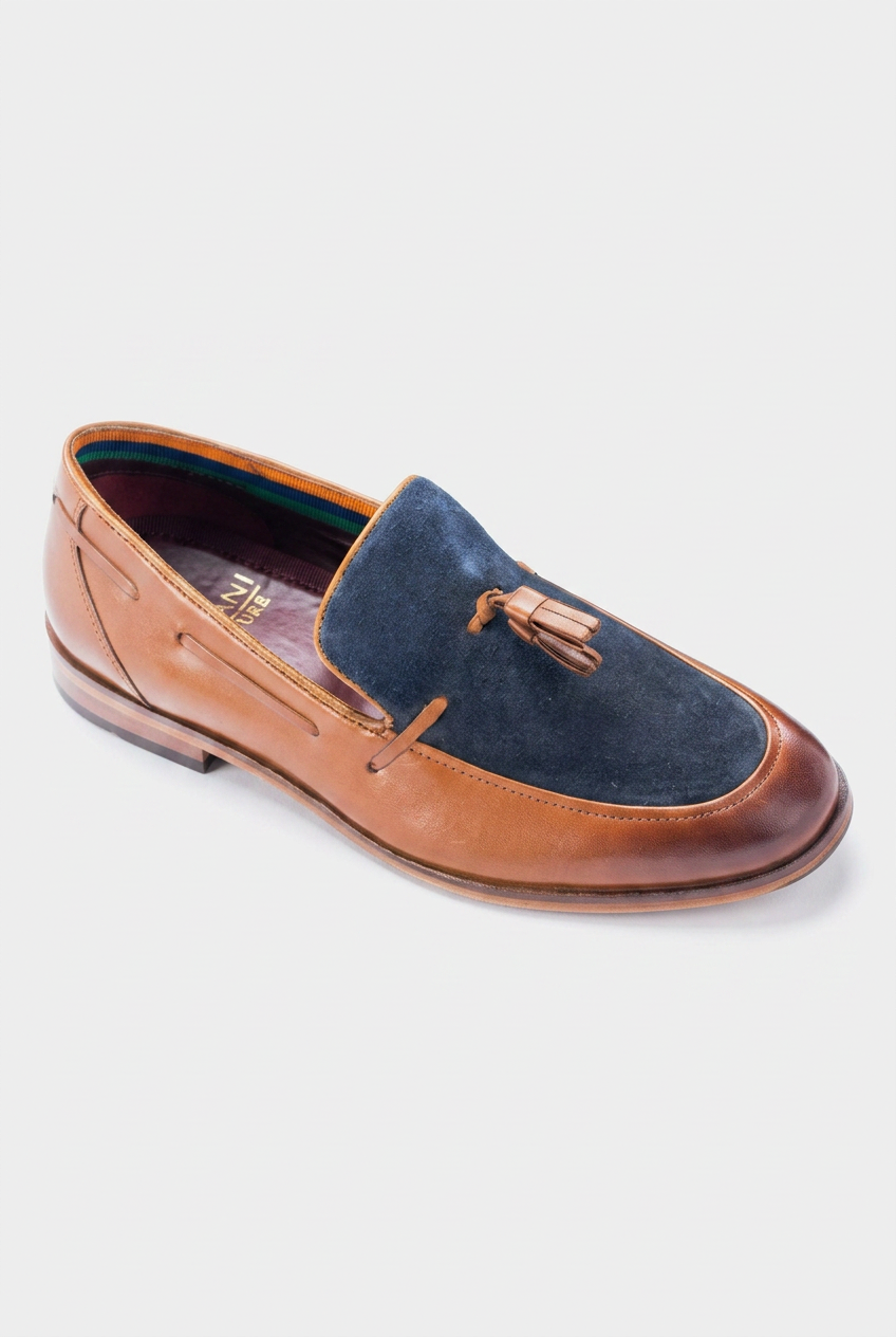 Men’s Tan & Navy Leather Tassel Loafers
