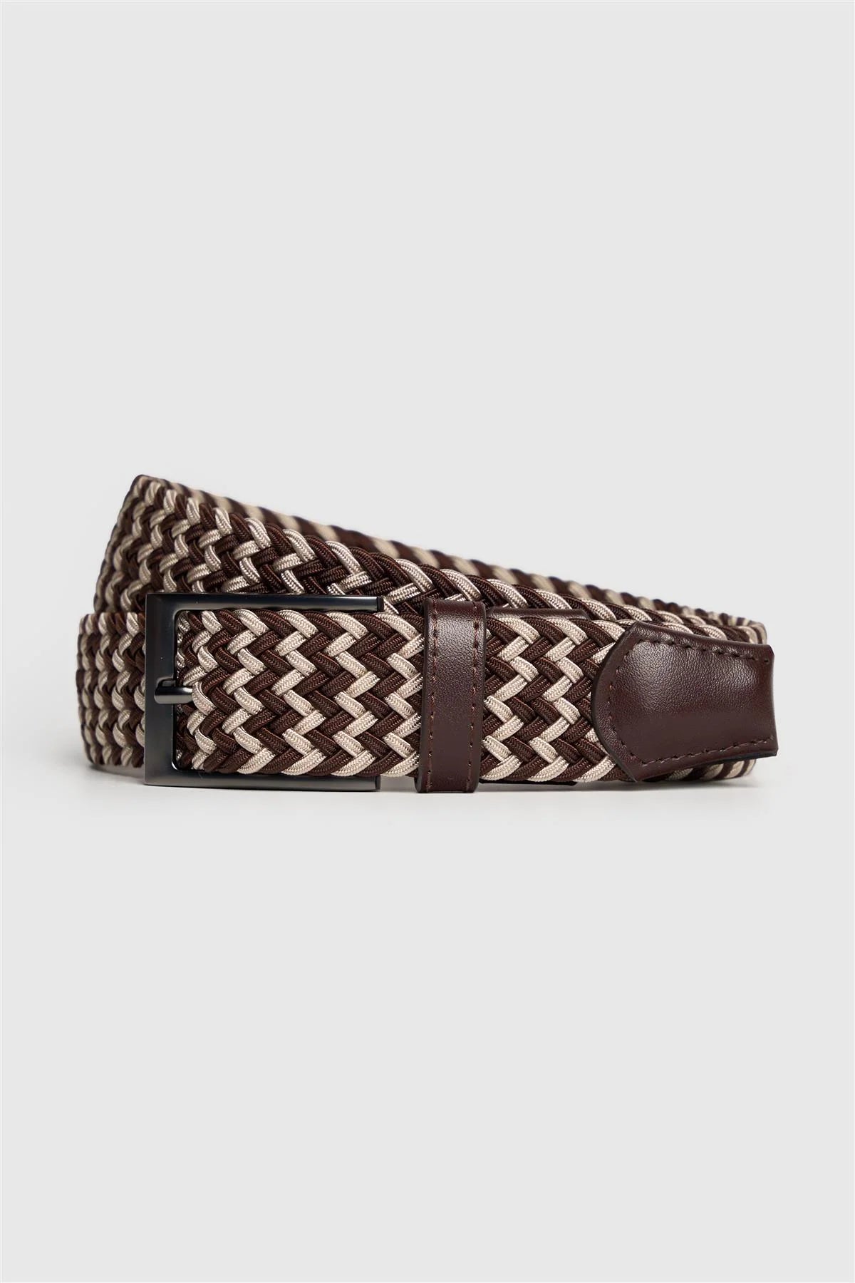 Men's Textured Genuine Leather Woven Braided Belt - Cavani Ivory & Brown picture