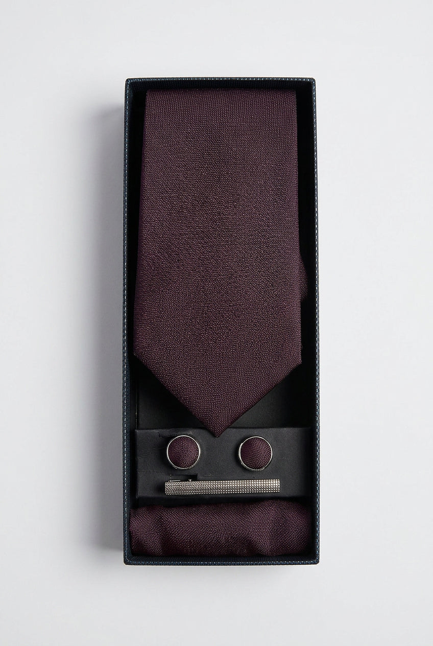 Men’s Textured Slim Tie 3-Piece Set -  Burgundy