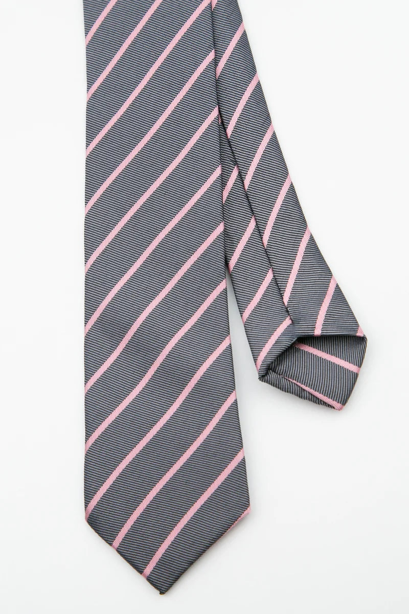 Men’s Textured Striped Slim Tie & Pocket Square Set in Grey&Pink Tie Front Picture