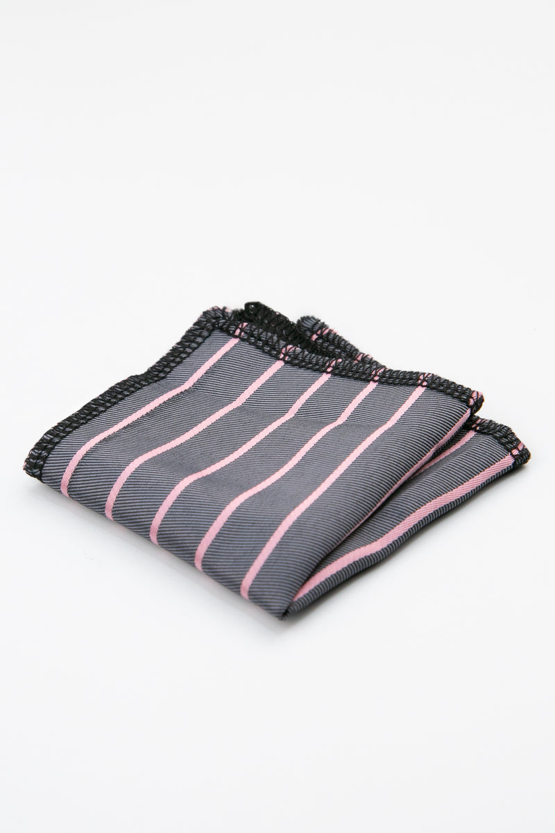 Men’s Textured Striped Slim Tie & Pocket Square Set in Grey&Pink Henkie  Picture