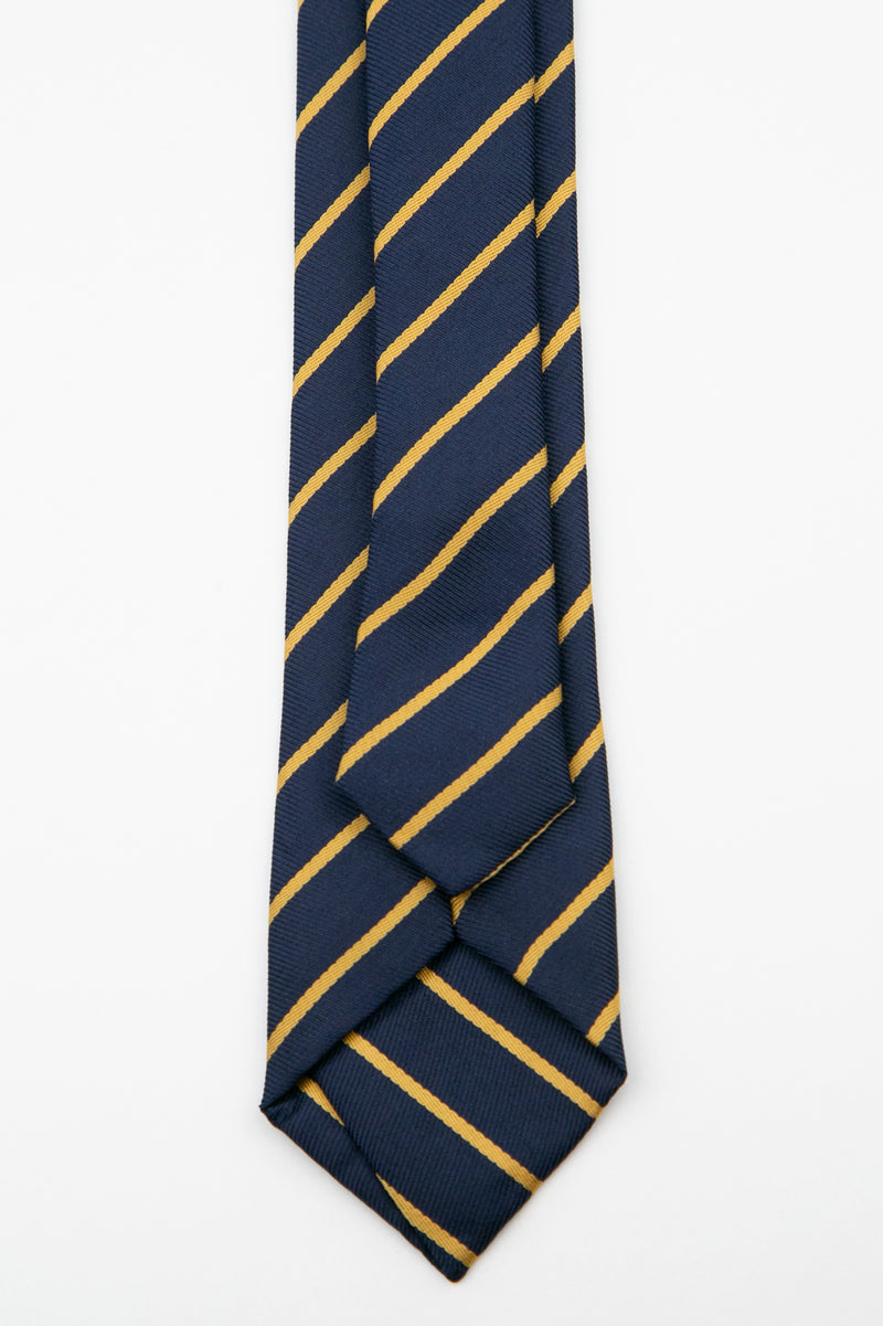 Men’s Textured Striped Slim Tie & Pocket Square Set in Navy&Gold Tie Back Picture 