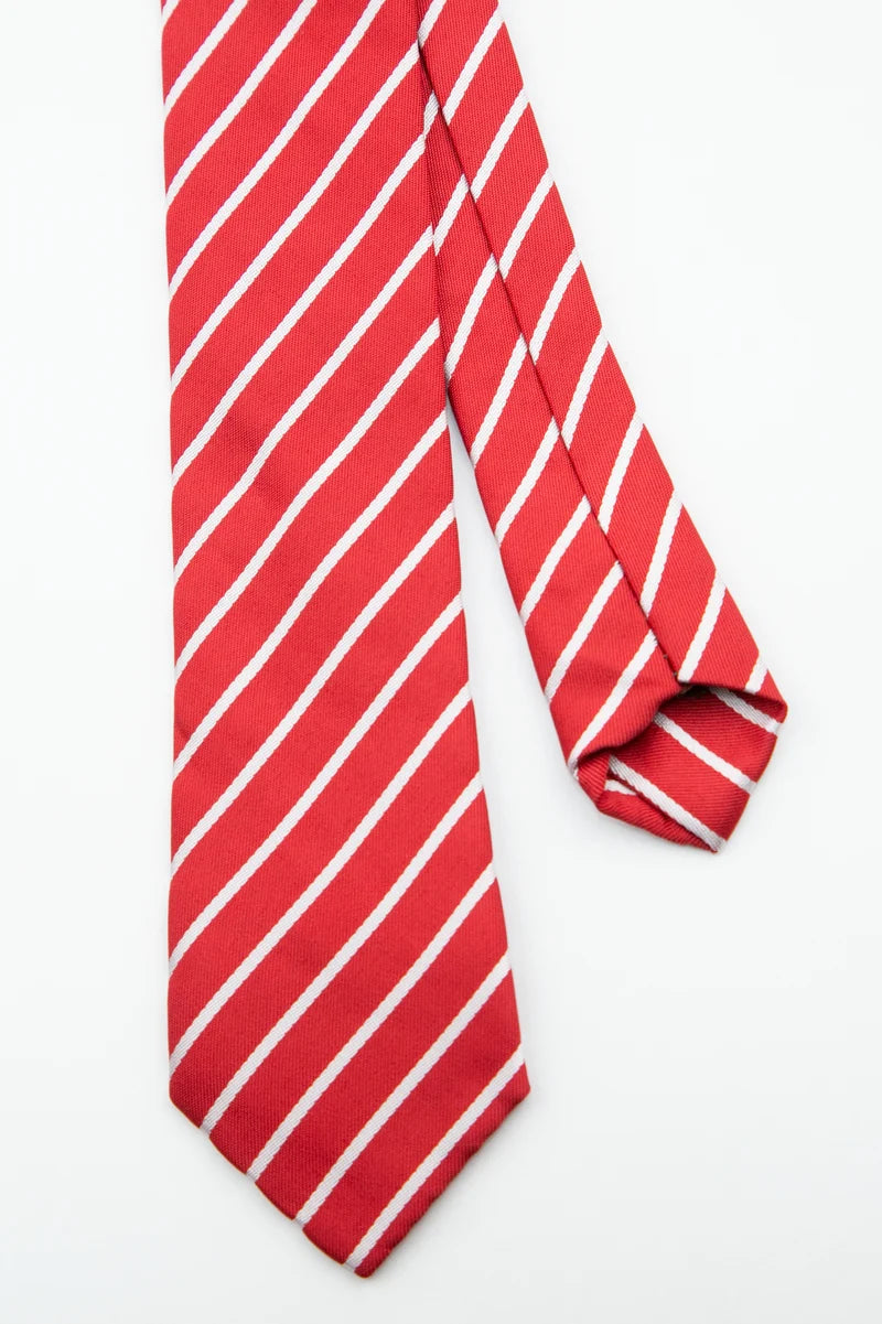 Men’s Textured Striped Slim Tie & Pocket Square Set in Red Tie Front  Picture