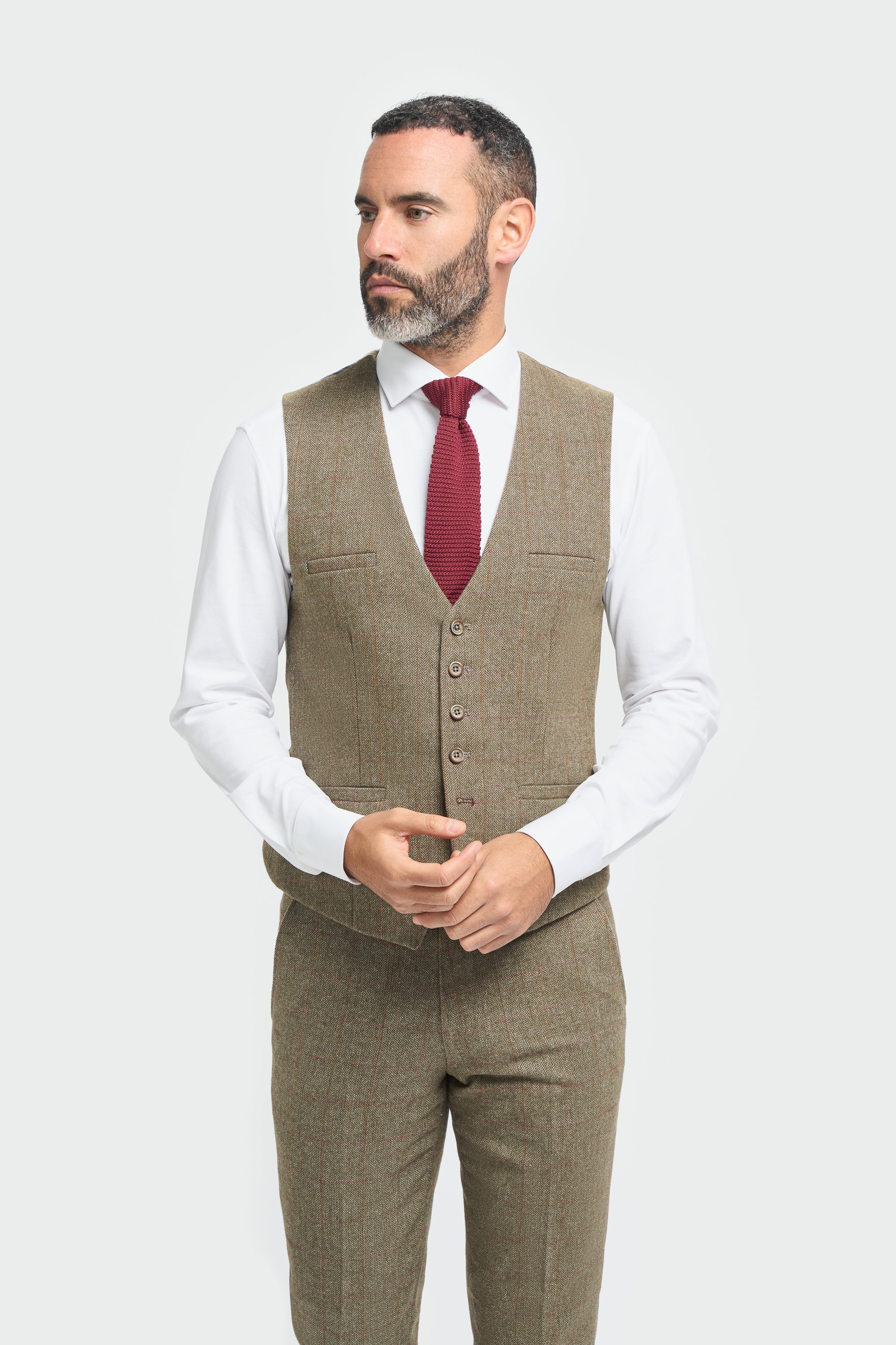 Men's Tweed Check Green Waistcoat - Gaston Sage - Sage Green Model Picture