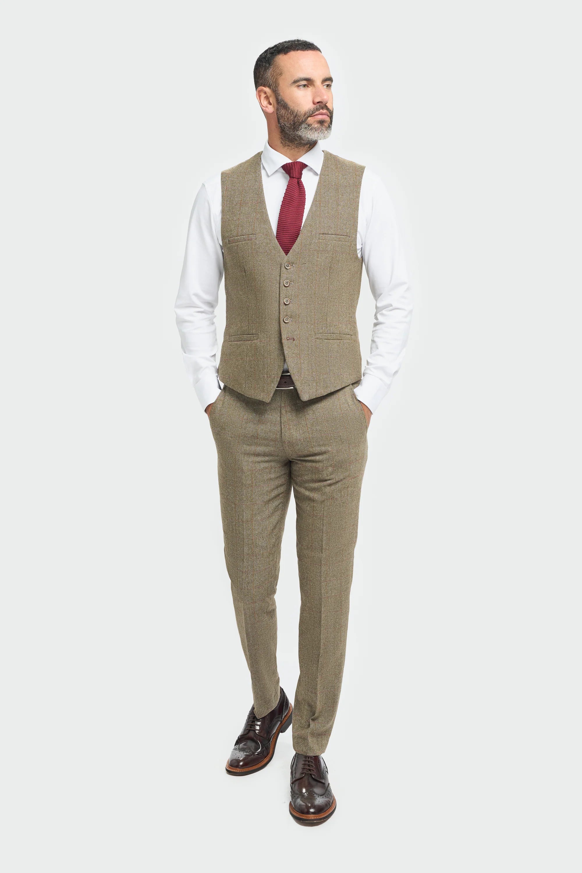 Men's Tweed Check Green Waistcoat - Gaston Sage - Sage Green Model Front Picture