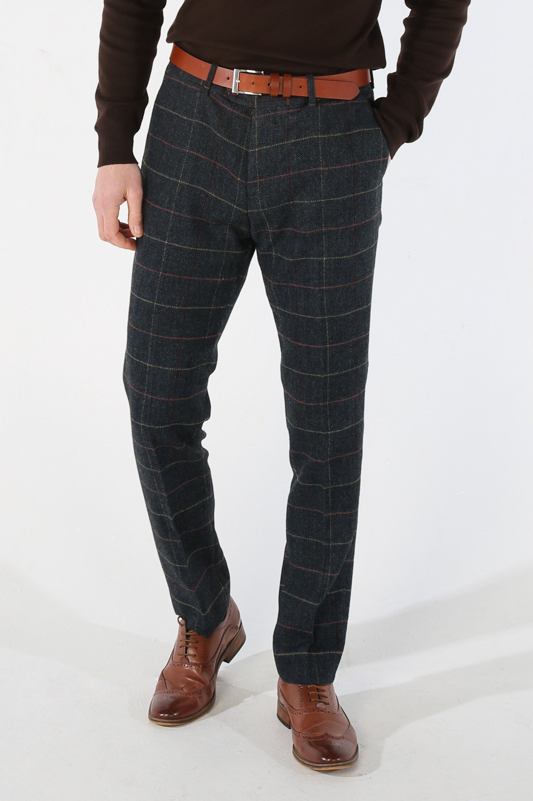 Men's Tweed Check Plaid Navy Trousers - THOMAS - Navy Blue Model Picure