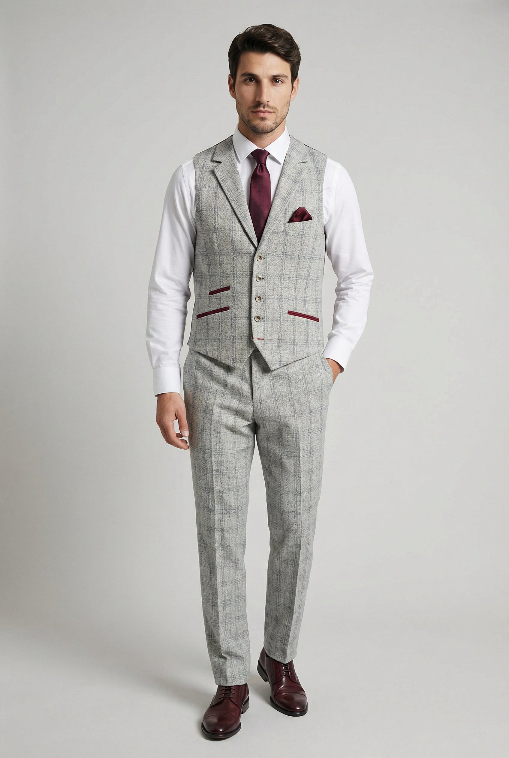 Men's Tweed Check Slim Fit Grey Waistcoat - ANDREW - Grey