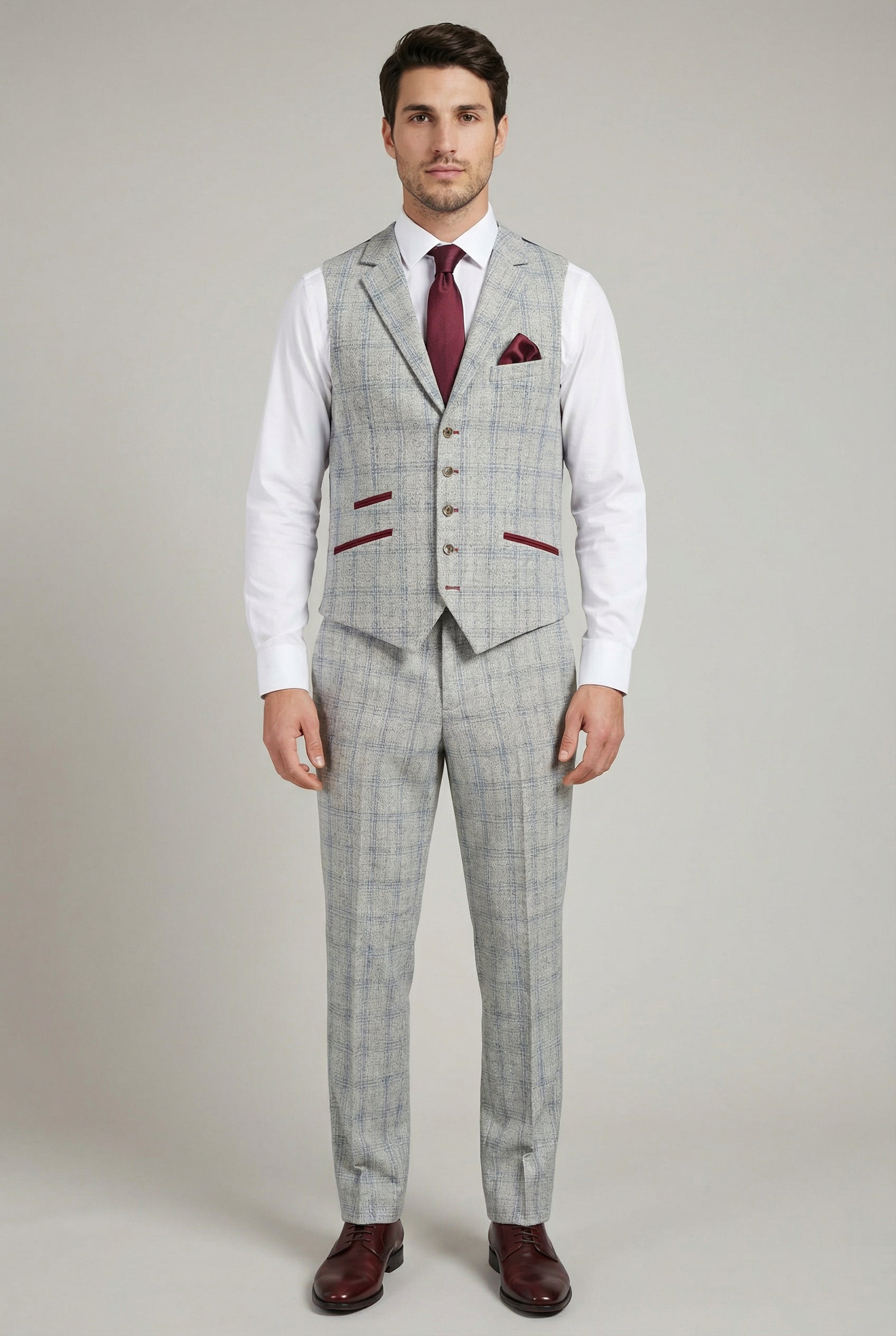 Men's Tweed Check Slim Fit Grey Waistcoat - ANDREW - Grey