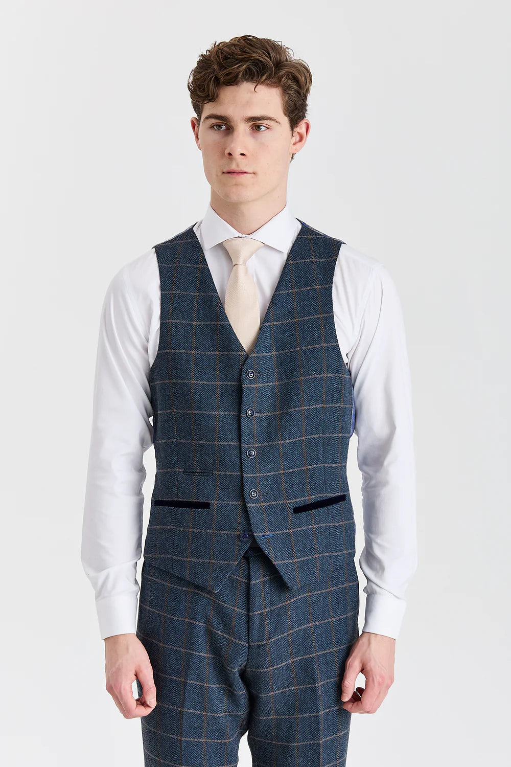 Men's Tweed Retro Windowpane Formal Suit - HARRIS - Navy Waistcoat Picture