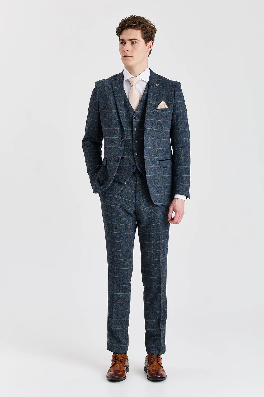 Men's Tweed Retro Windowpane Formal Suit - HARRIS - Navy Front Picture