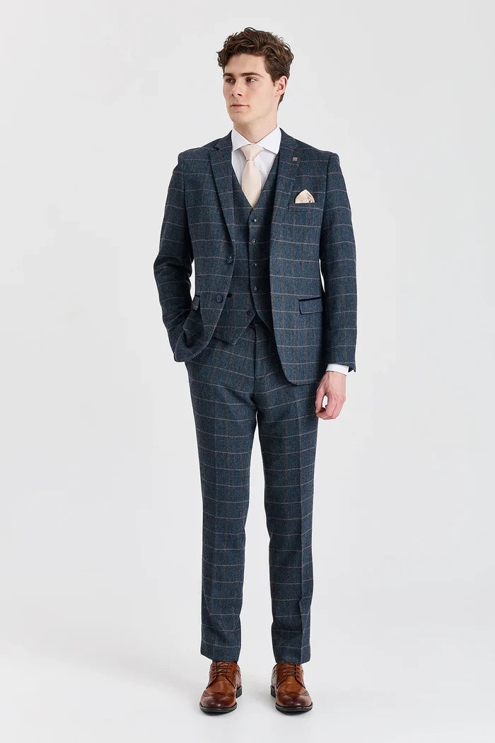 Father & Son Matching 3-Piece Herringbone Windowpane Check Suit - Harris - Navy