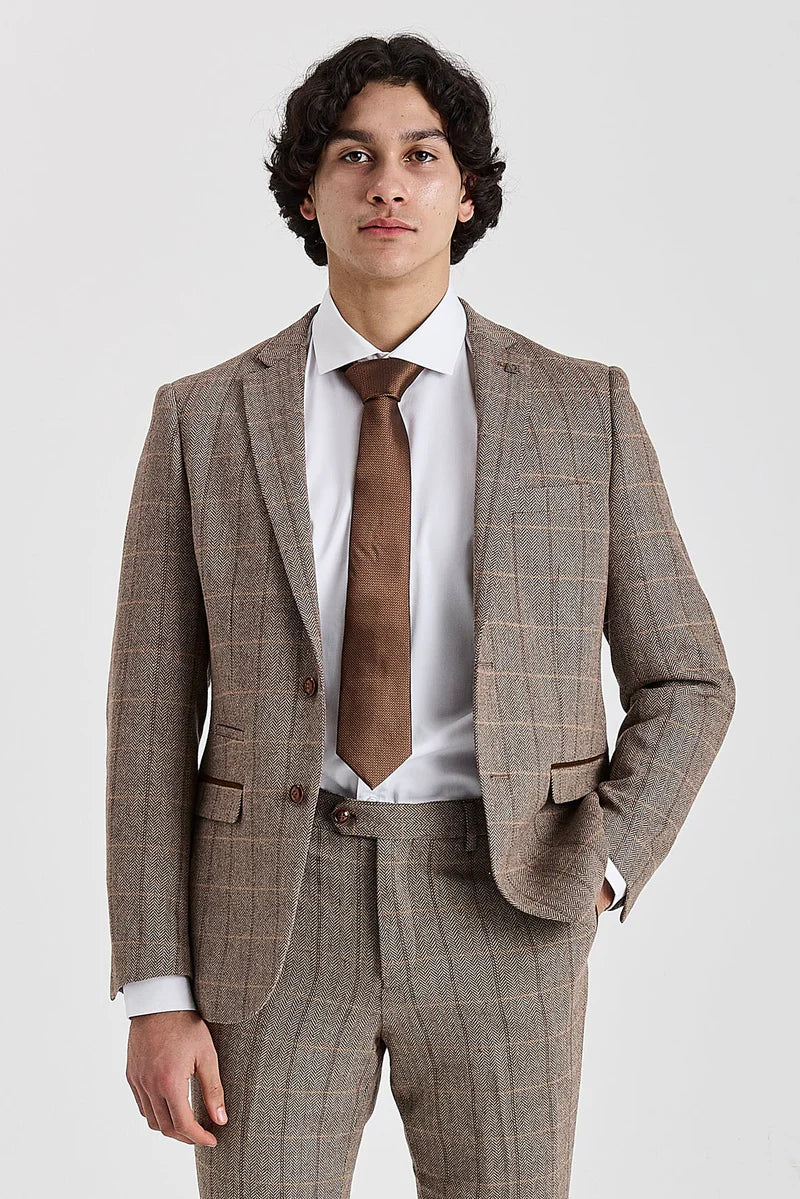 Men's Tweed Retro Windowpane Suit Jacket - HARRIS - Brown odel Picture
