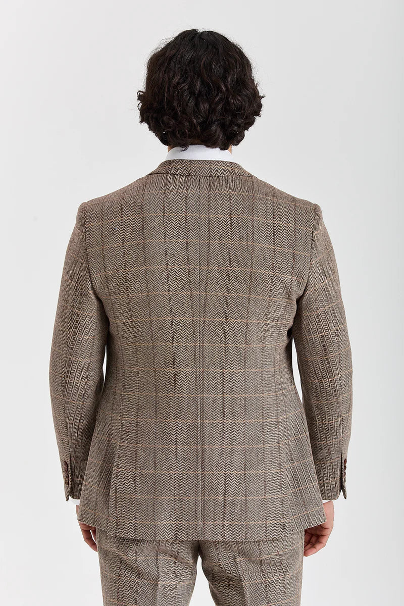 Men's Tweed Retro Windowpane Suit Jacket - HARRIS - Brown Back Picture
