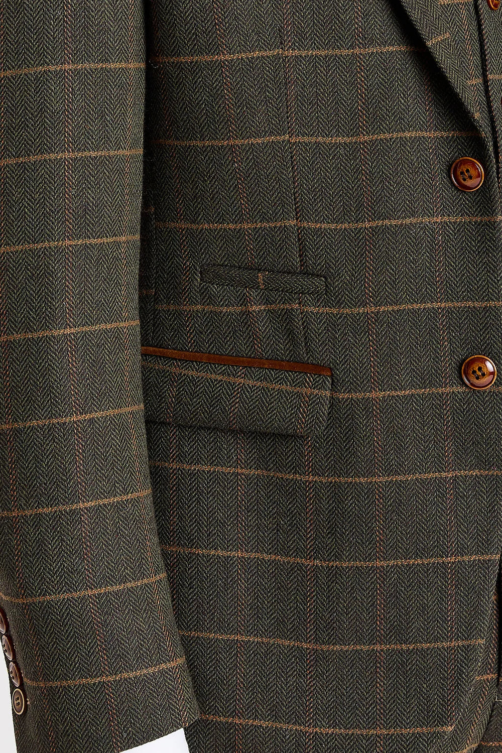 Men's Tweed Retro Windowpane Suit Jacket - HARRIS - Green Detail Pcture