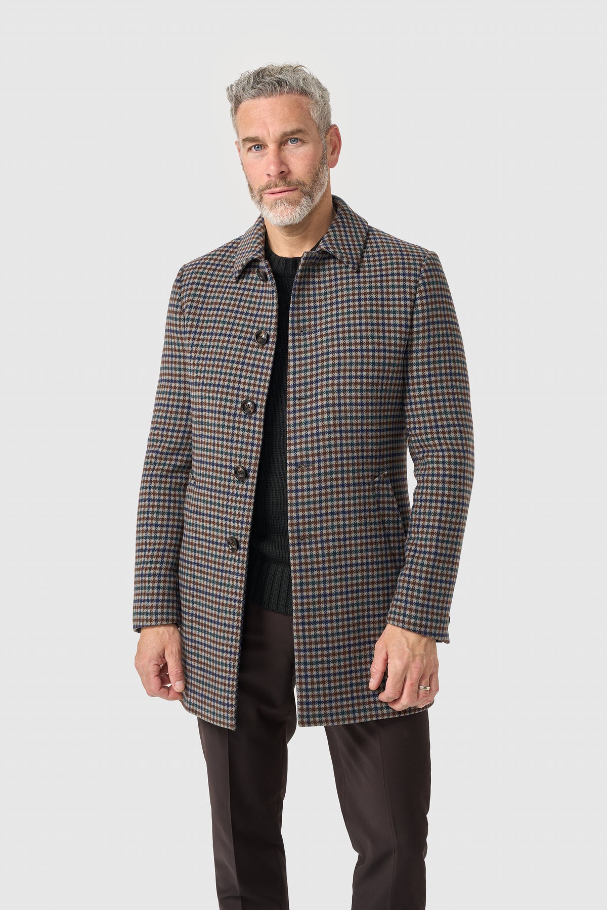 Men’s Tweed Wool Blend Check Overcoat - Cavani Andreas Brown Model Picture