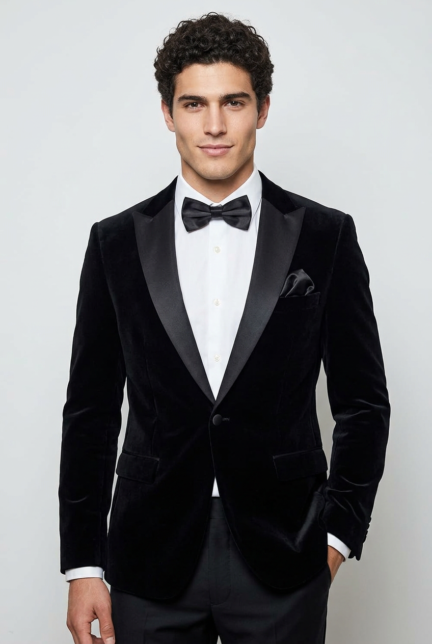 Men's Velvet Blazer with Black Contrast Satin Lapel – Formal Wedding & Dinner Jacket