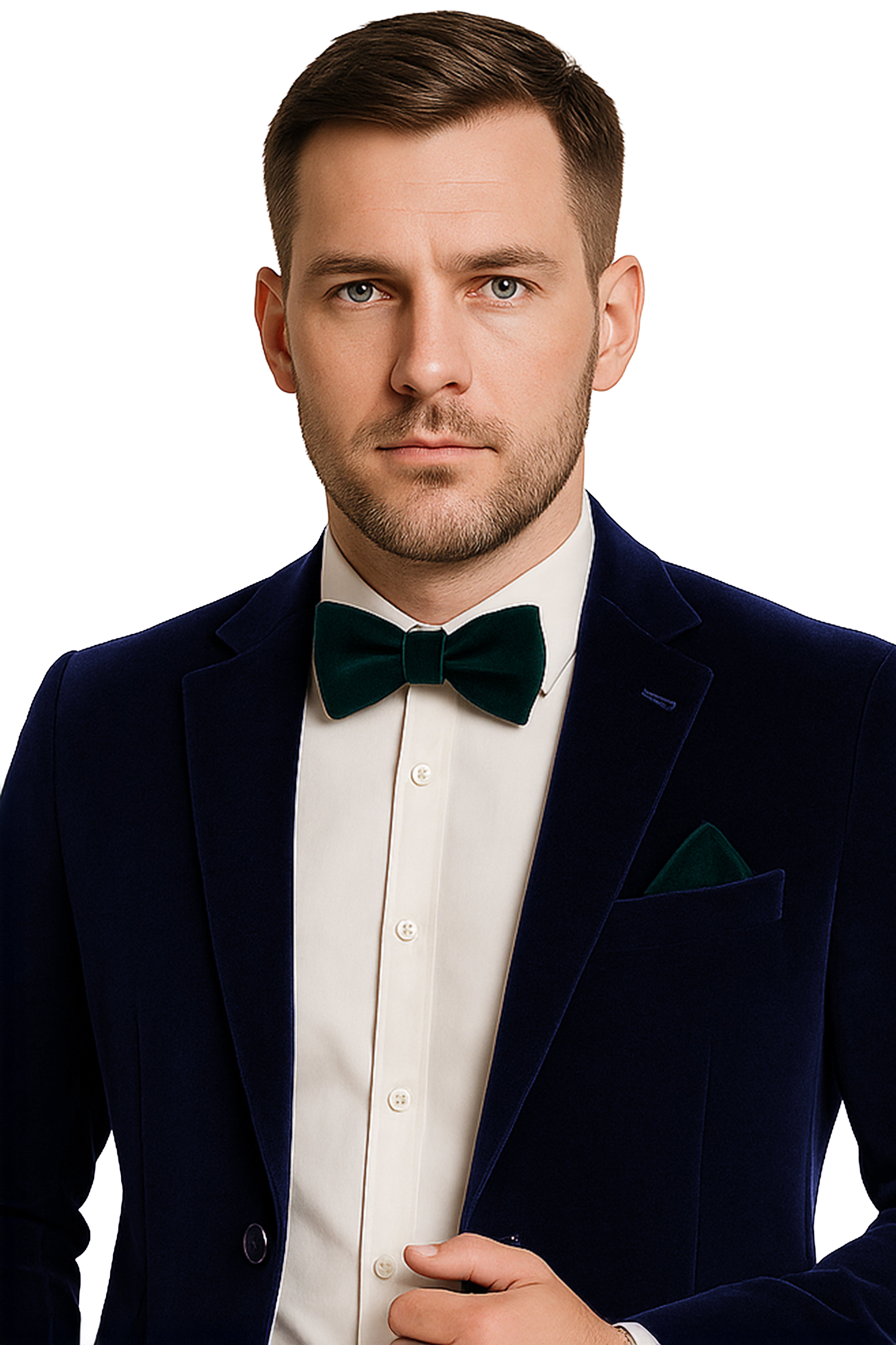 Men’s Velvet Dickie Bow Tie & Handkerchief Set - Savoy - Green Model Picture