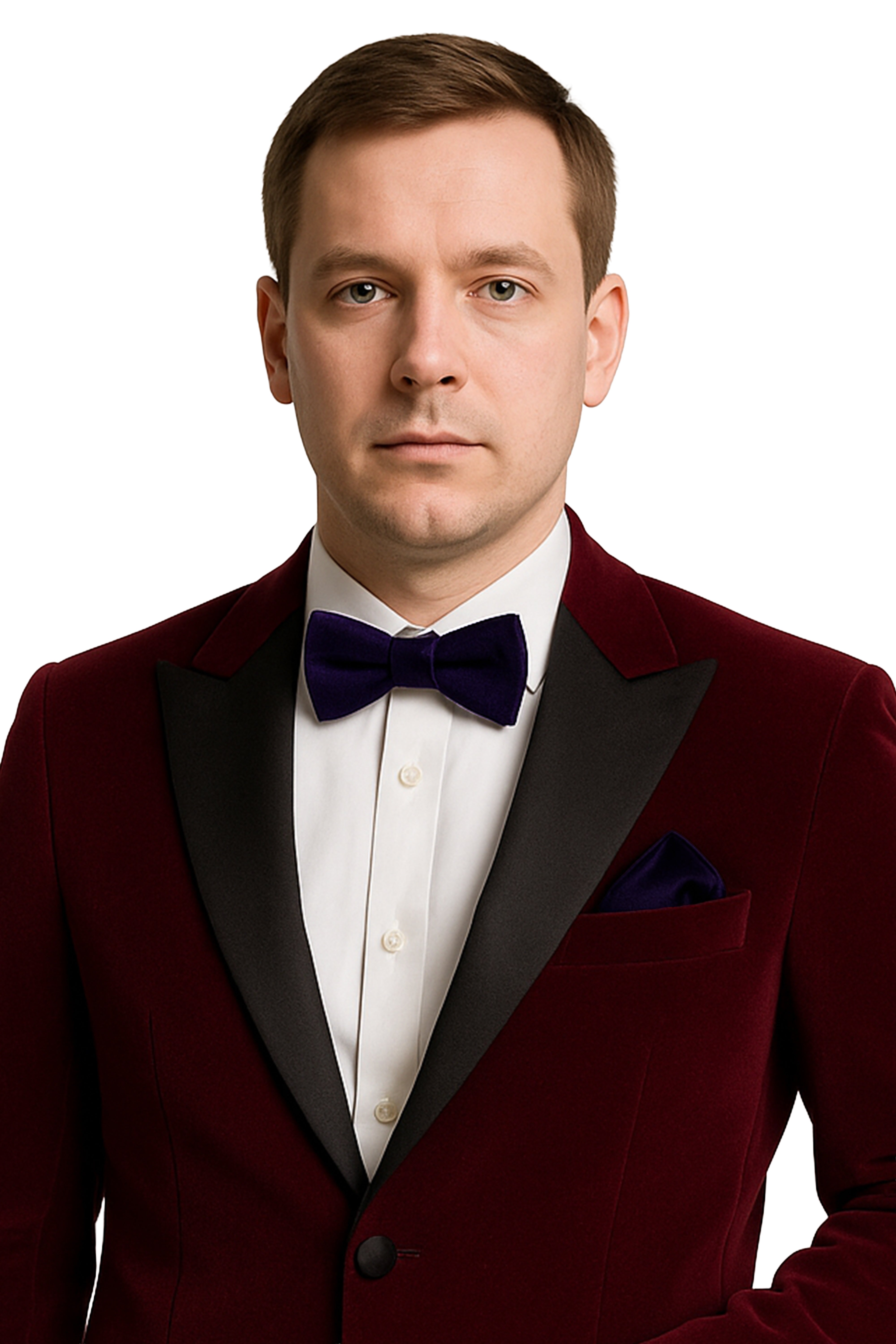 Men’s Velvet Dickie Bow Tie & Handkerchief Set - Savoy - Purple Model Picture