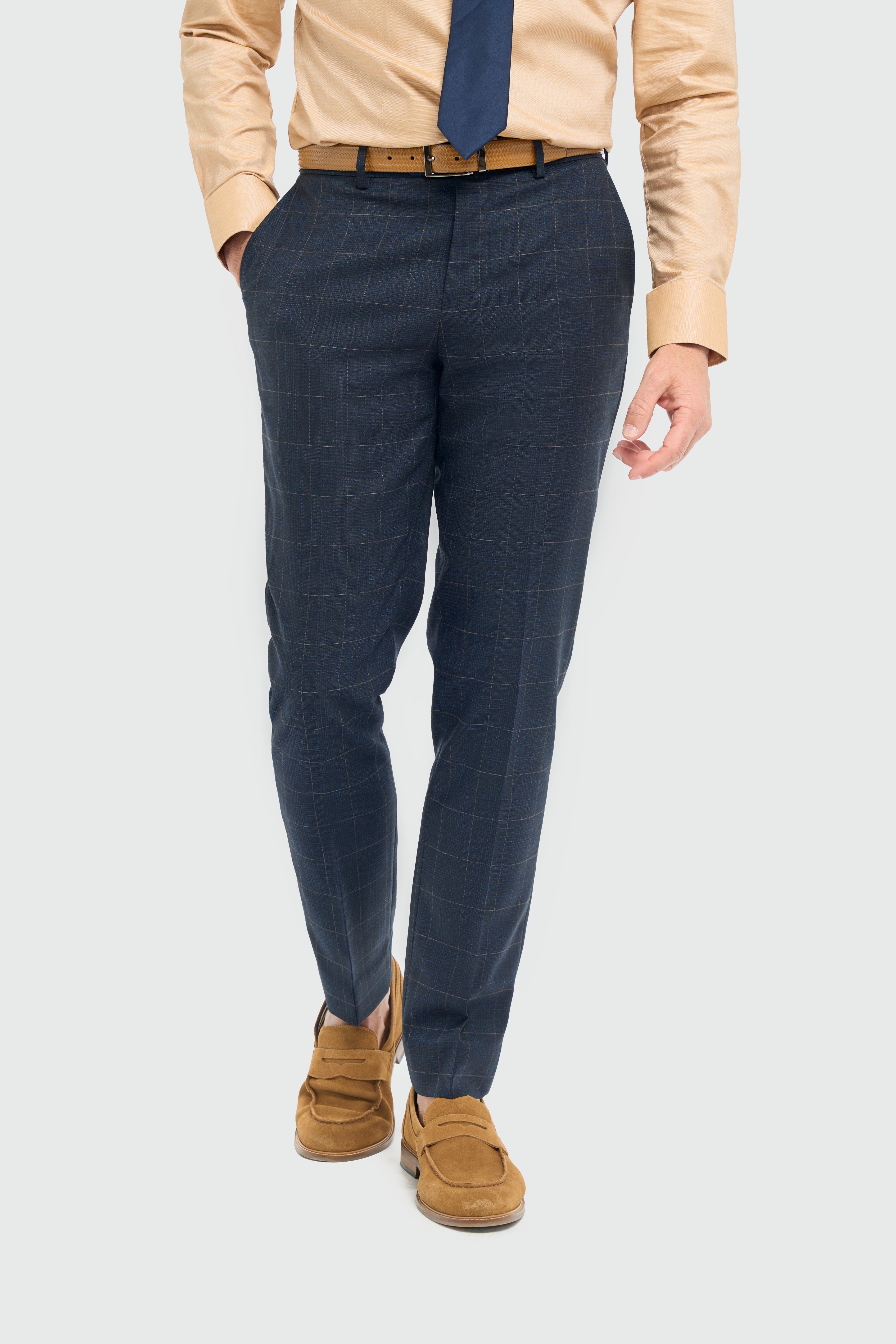 Men’s Windowpane Check Formal Trousers - Torino - Navy Model Picture