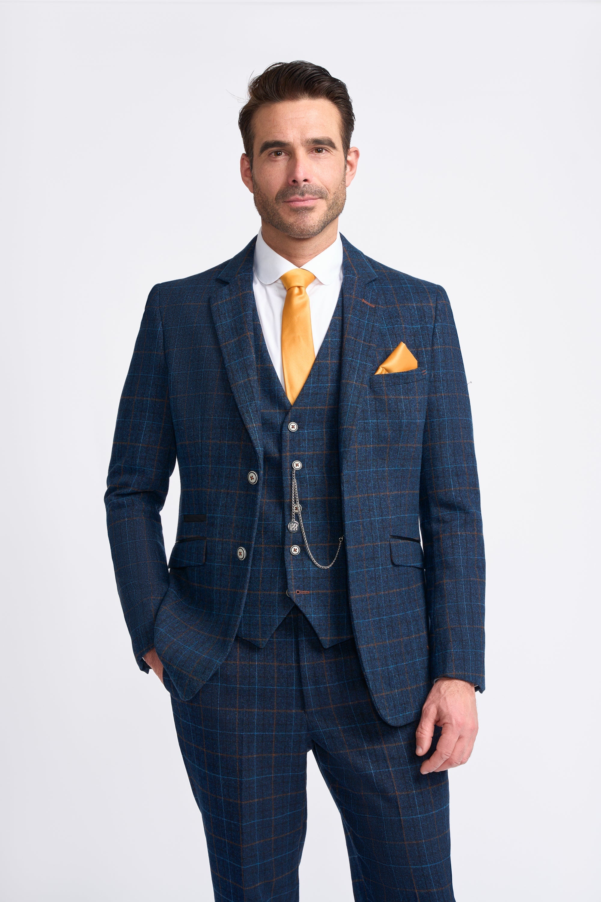 Father & Son Matching Herringbone Windowpane Check 3-Piece Suit Set - Cody Blue