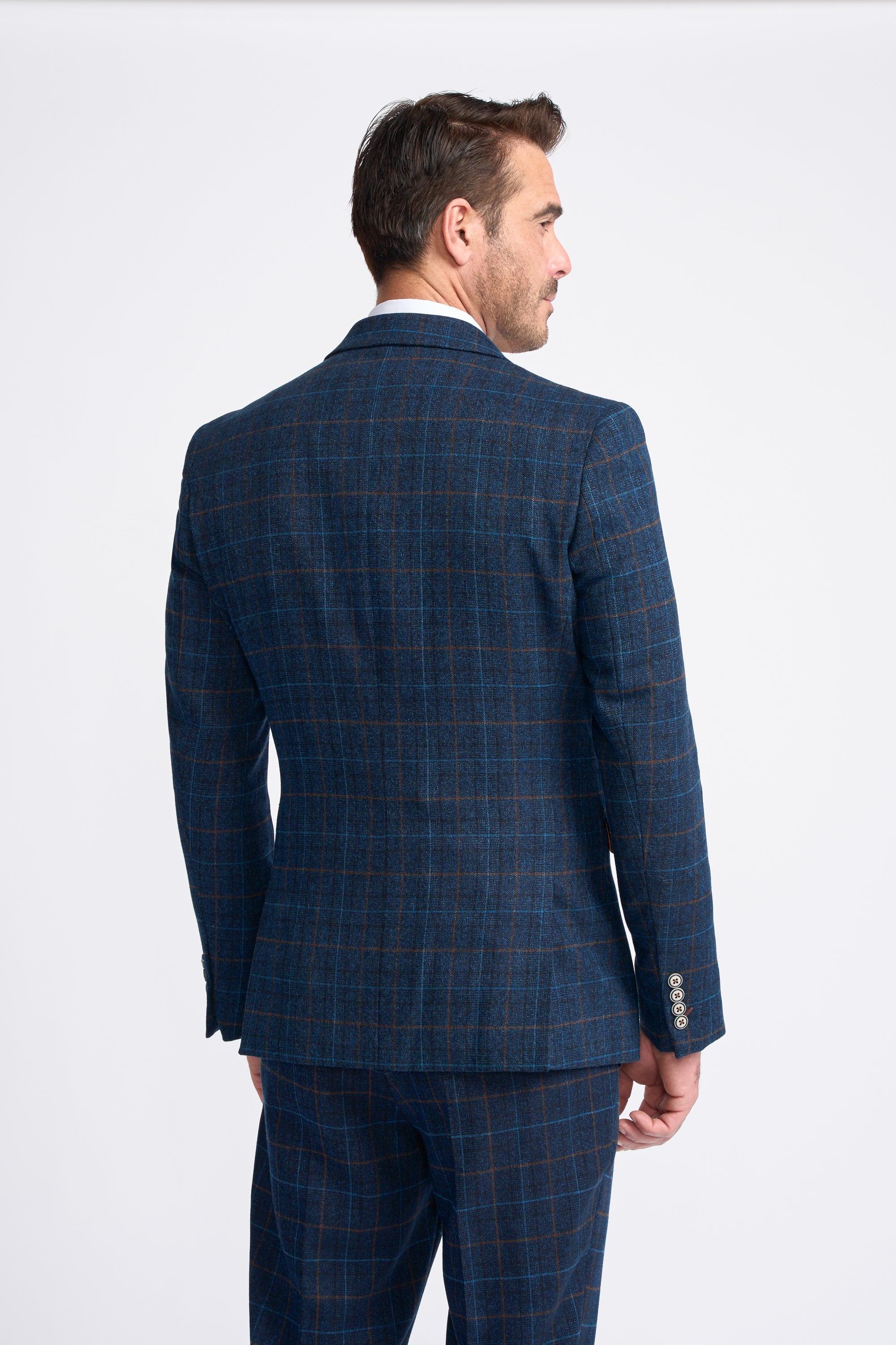 Men's Windowpane Check Tweed Blue Suit - CODY - Navy Blue Model Back Picture