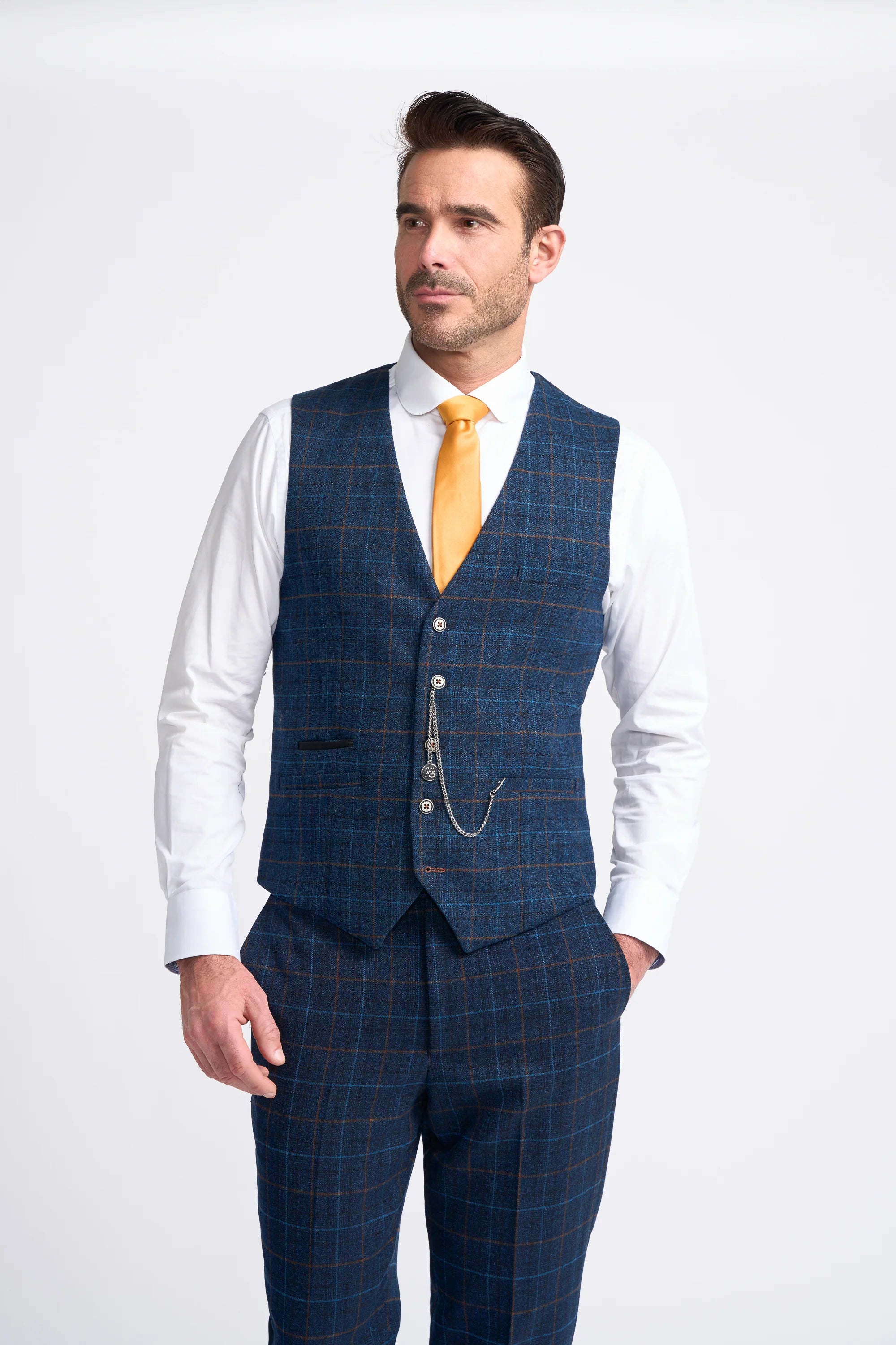 Men's Windowpane Check Tweed Blue Suit - CODY - Navy Blue Waistcoat Front Picture