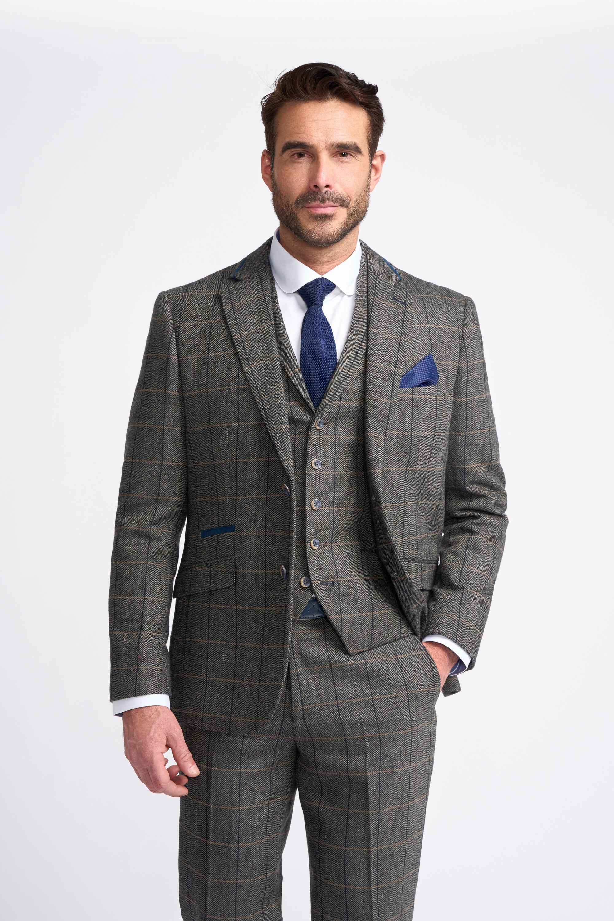 Men's Wool Blend Herringbone Check Suit Jacket - Albert - Grey Model Picture