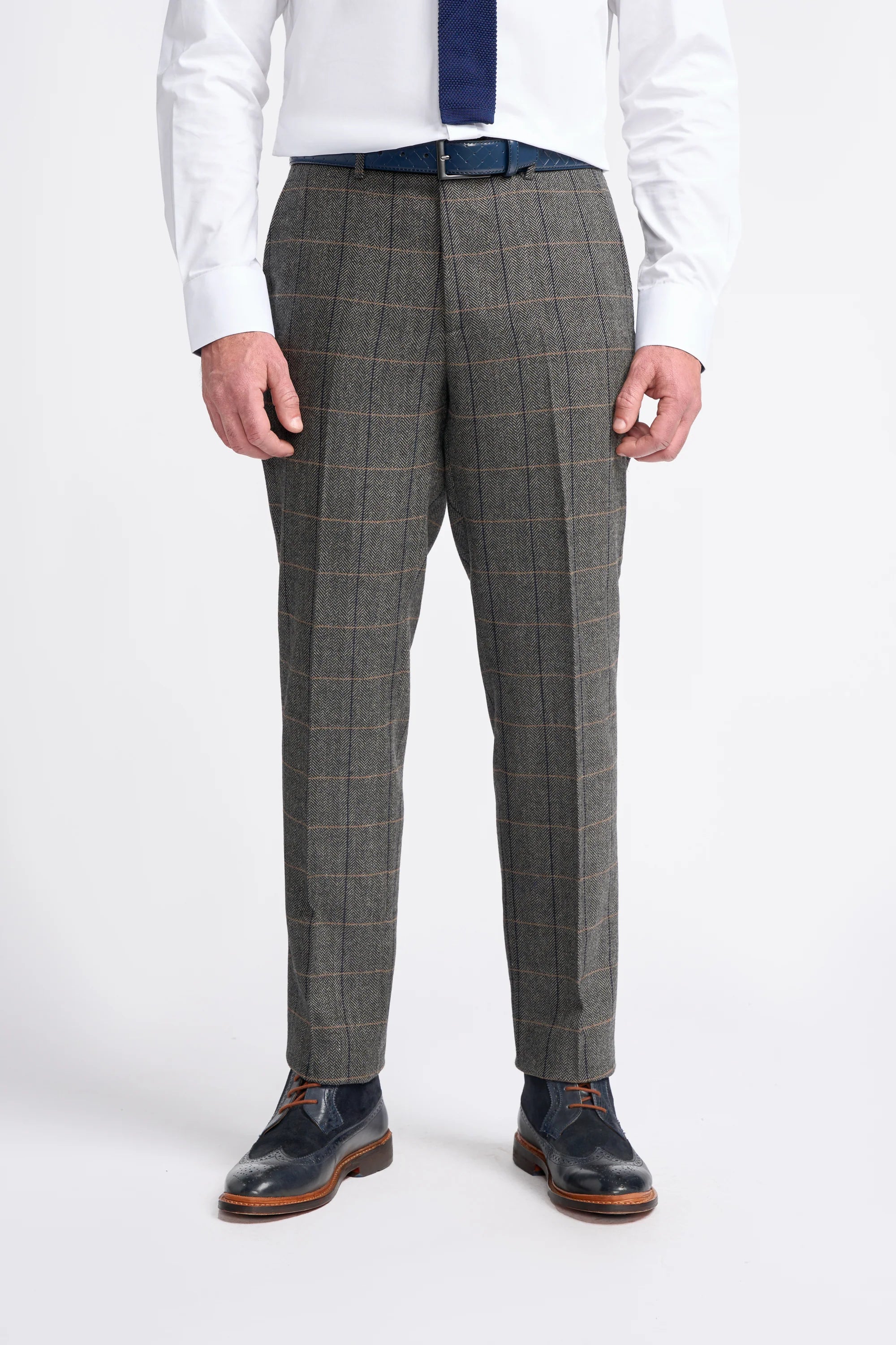 Men's Wool Blend Herringbone Check Trousers - Albert - Grey Front Picture