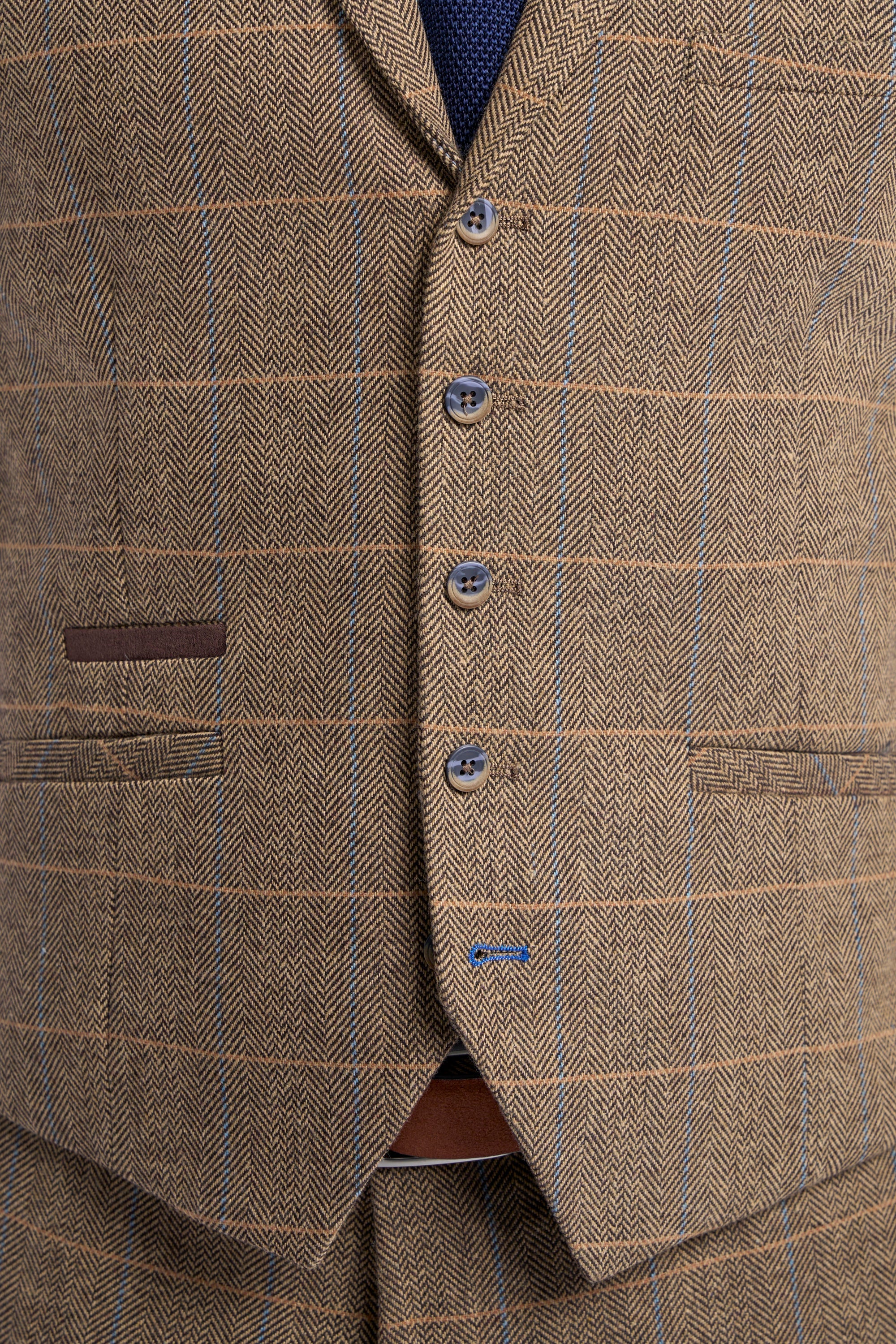 Men's Wool Blend Herringbone Check Waistcoat - Albert - Tan Brown Front Detail Picture