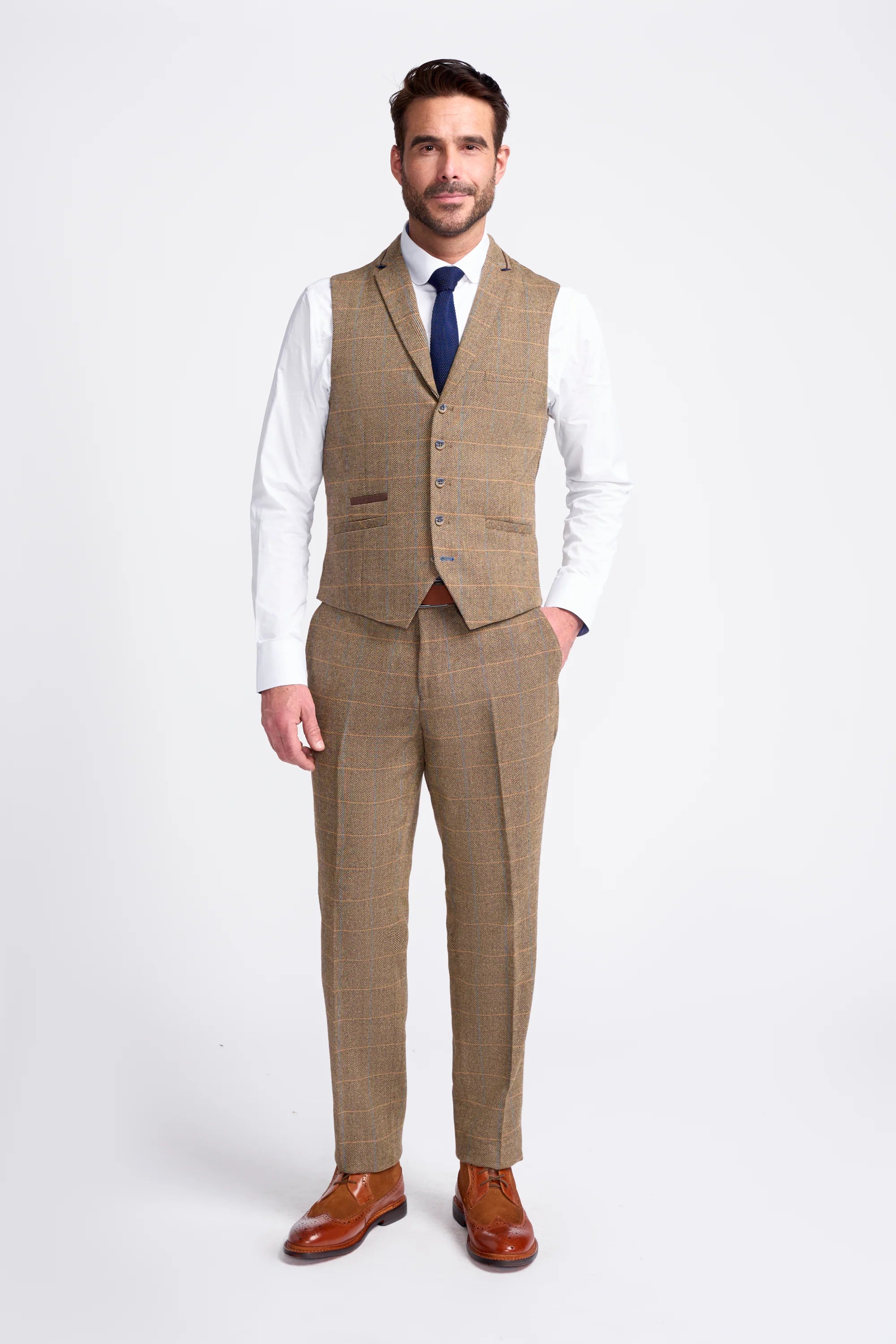 Men's Wool Blend Herringbone Check Waistcoat - Albert - Tan Brown Model Front Picture