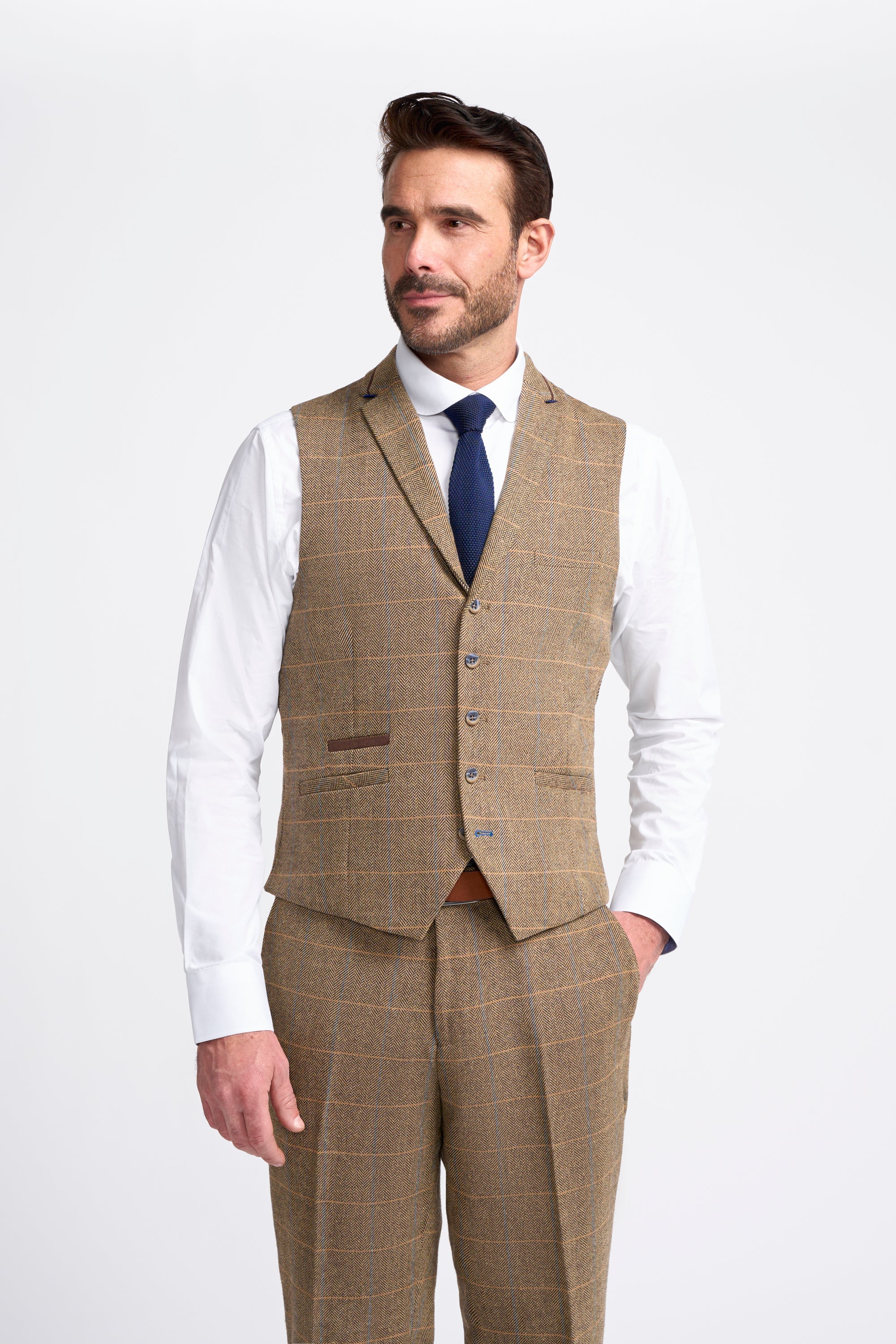 Men's Wool Blend Herringbone Check Waistcoat - Albert - Tan Brown Model Picture